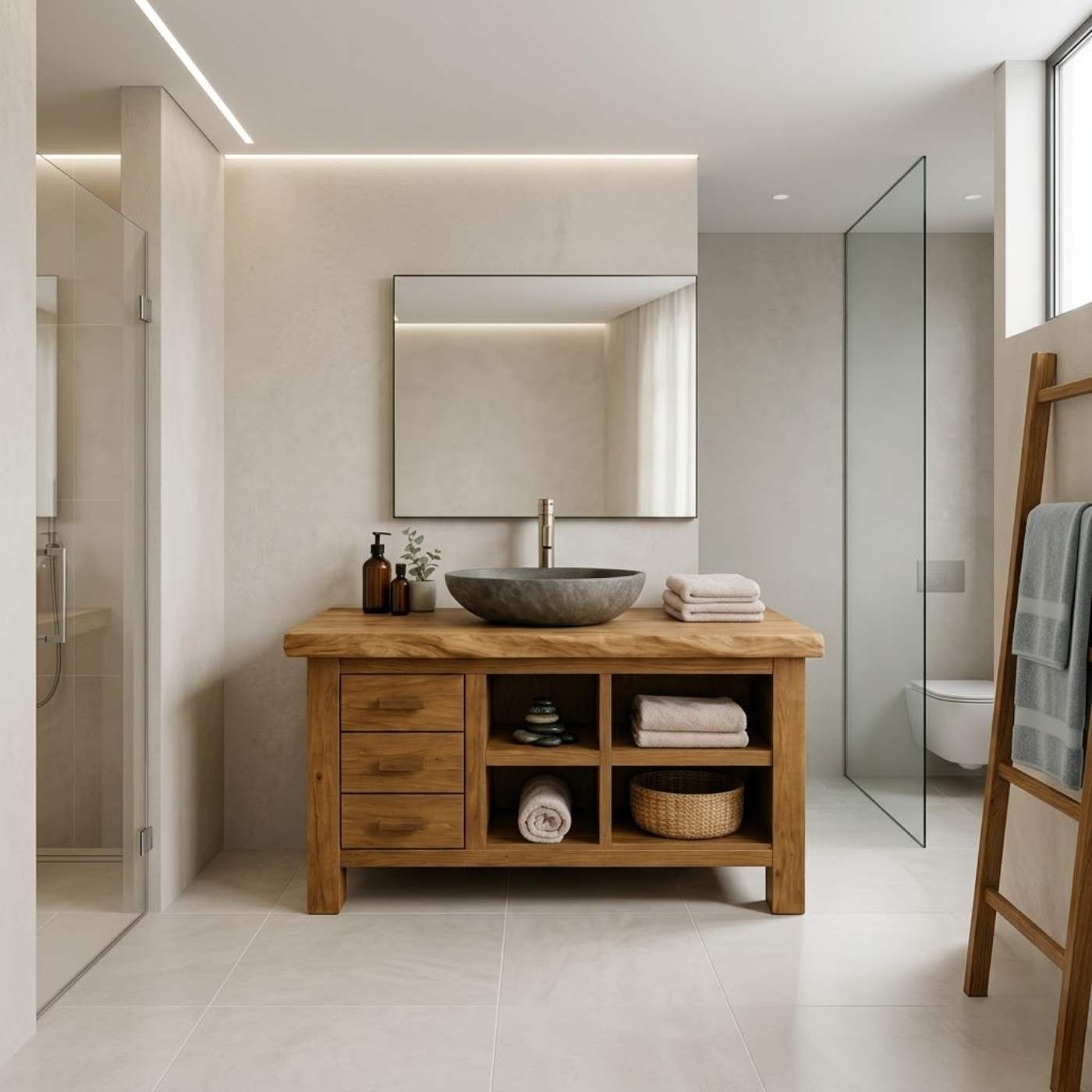 Solid Wood Bathroom Vanity with Live Edge Top and Open Shelves