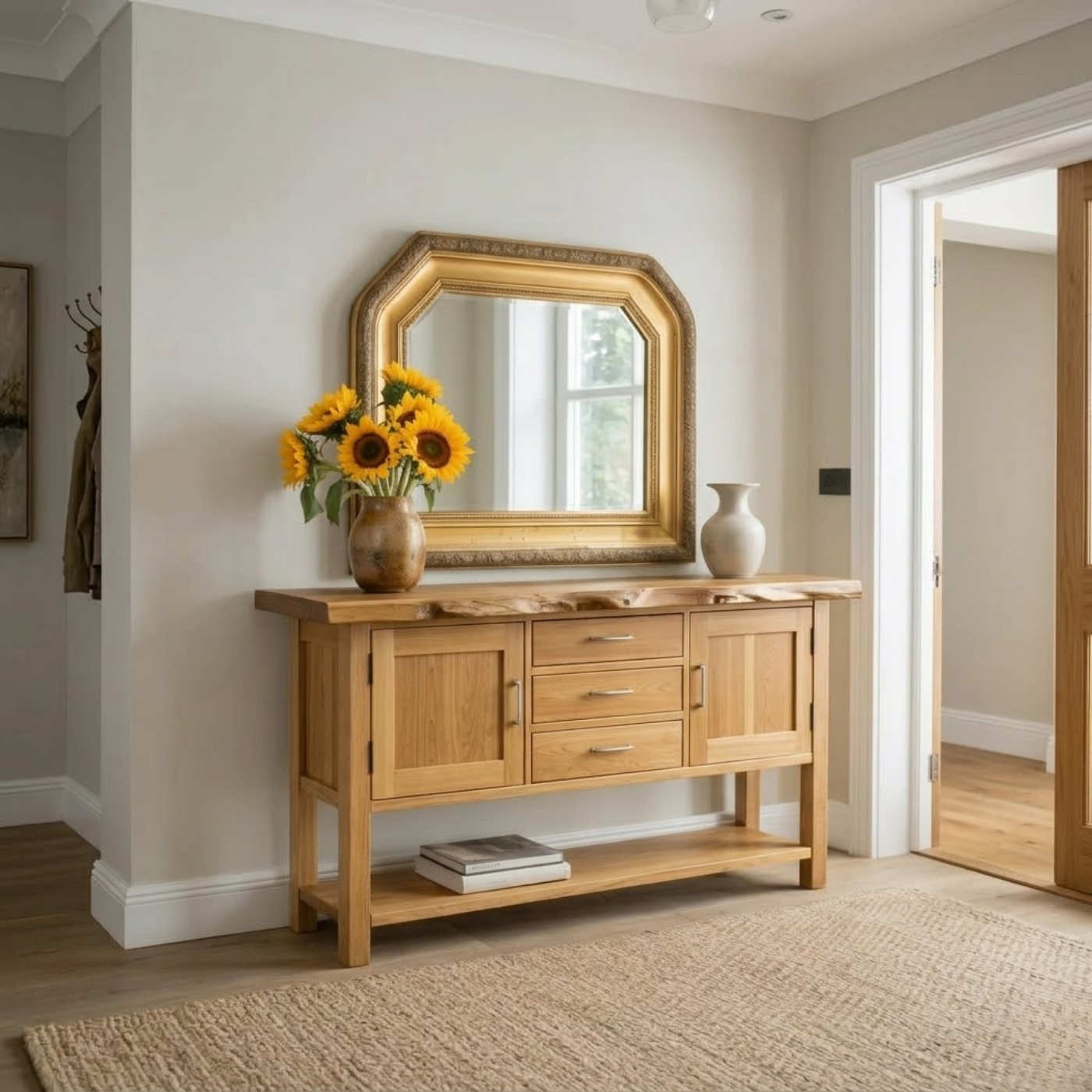 Solid Wood Sideboard Console Table with Drawers, Cabinet Doors & Lower Shelf – Entryway Storage Cabinet