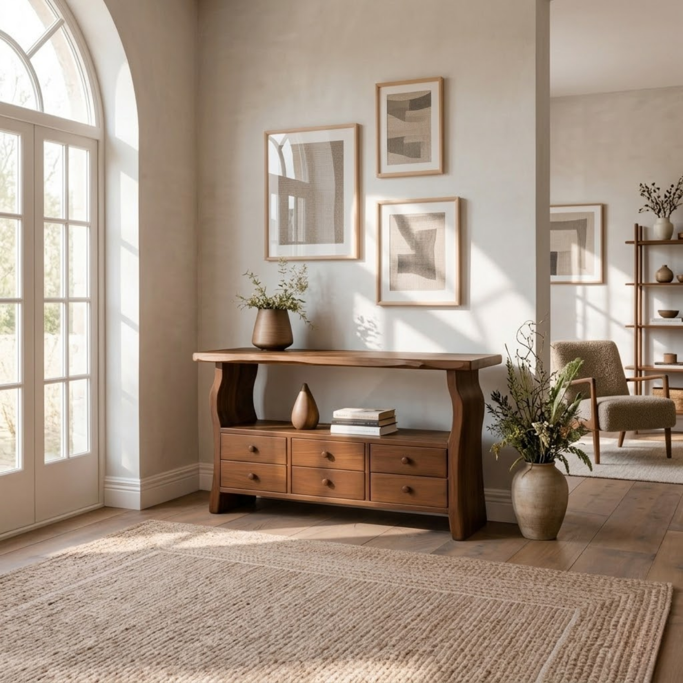 Solid Wood Console Table with 6 Drawers & Display Shelf – Live Edge Entryway Storage Console