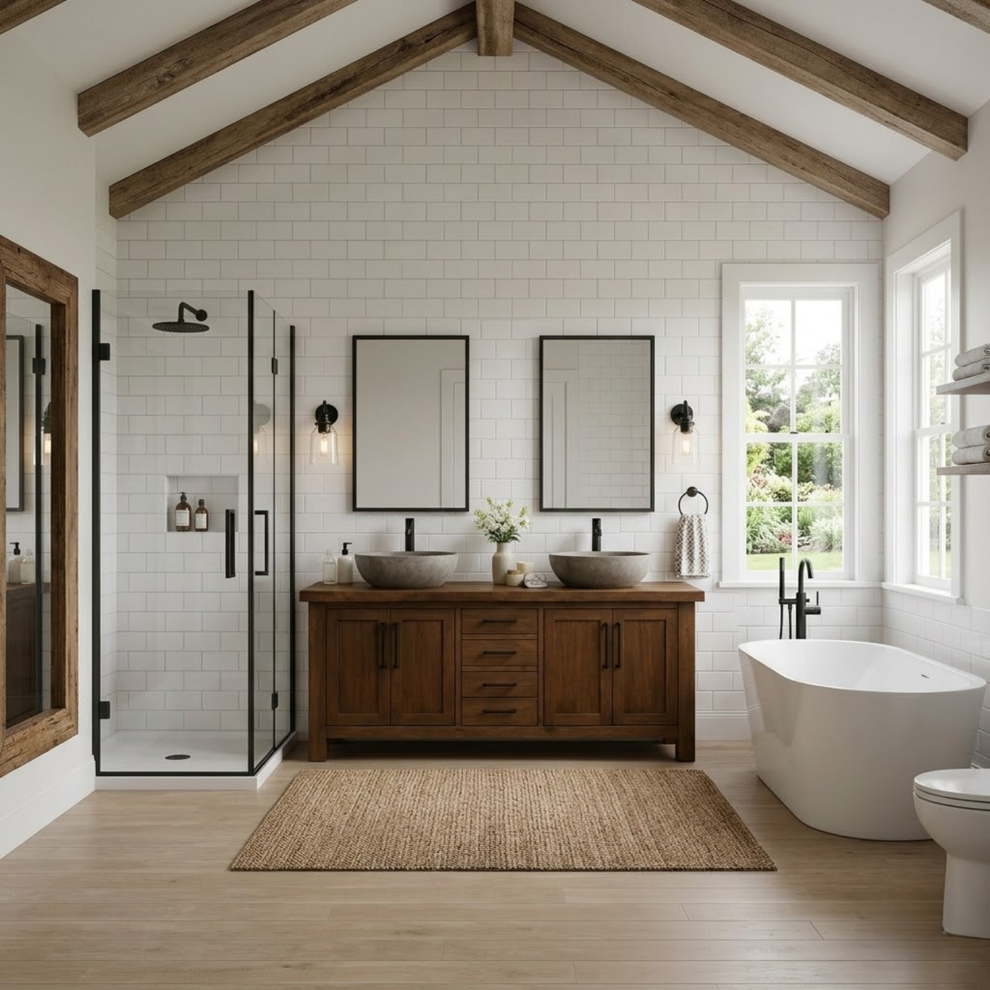 Solid Wood Double Bathroom Vanity Cabinet with Drawers & Doors – Rustic Farmhouse Vanity Base