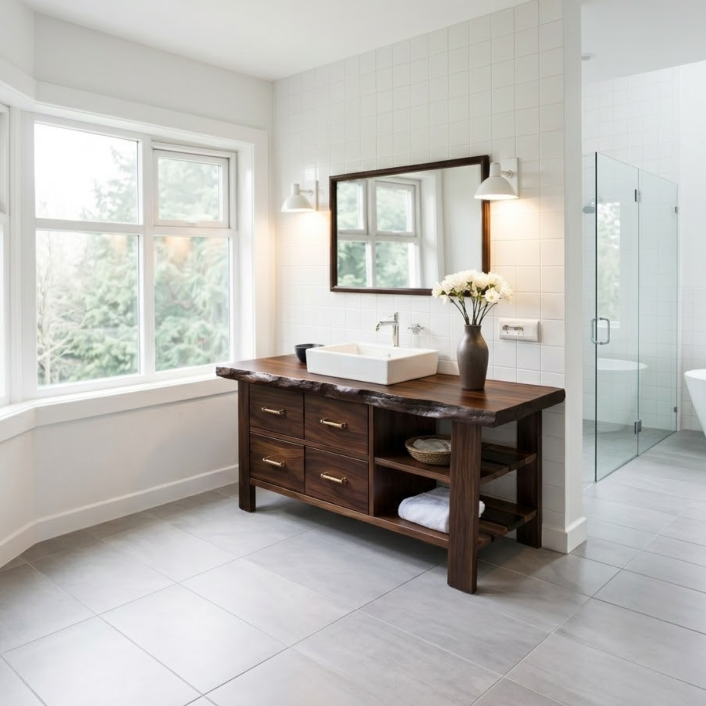 Solid Wood Rustic Bathroom Vanity with Drawers & Open Shelf – Live Edge Vanity Cabinet