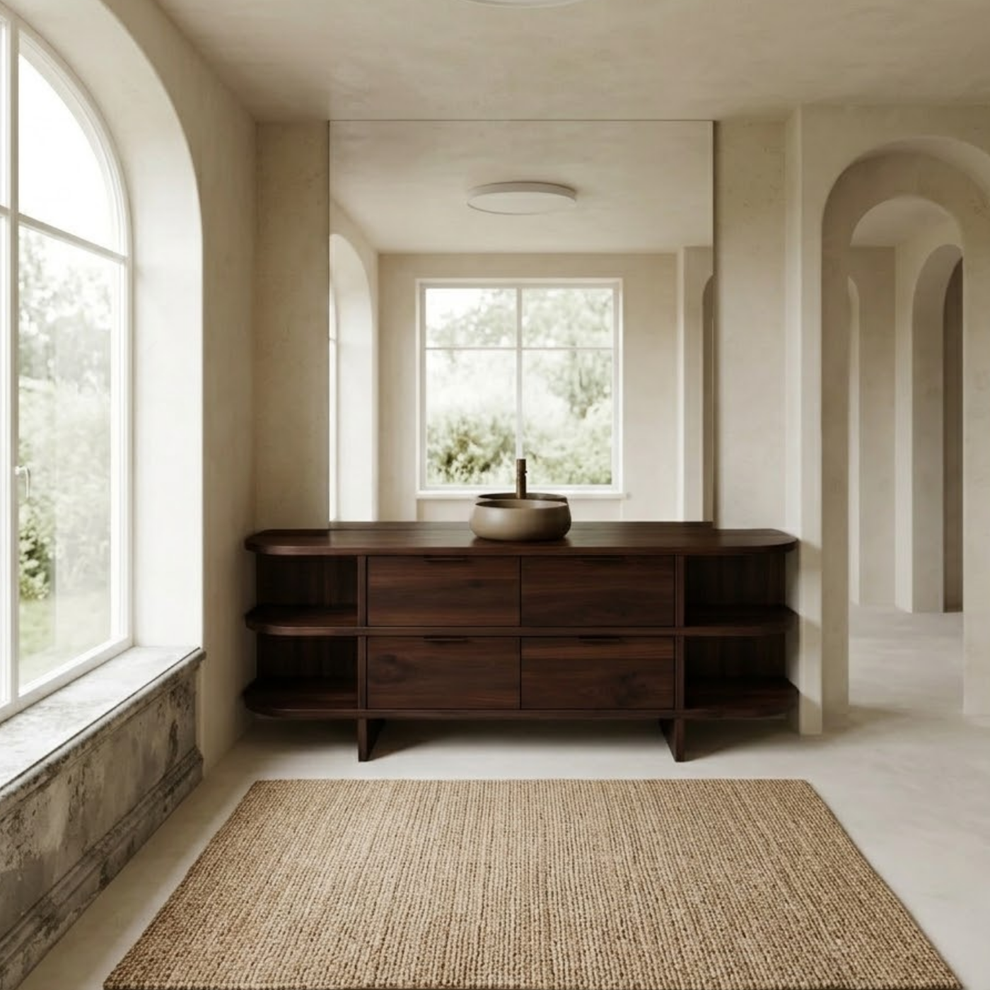 Solid Wood Bathroom Vanity with Drawers and Open Side Shelves – Modern Rustic Vanity Cabinet