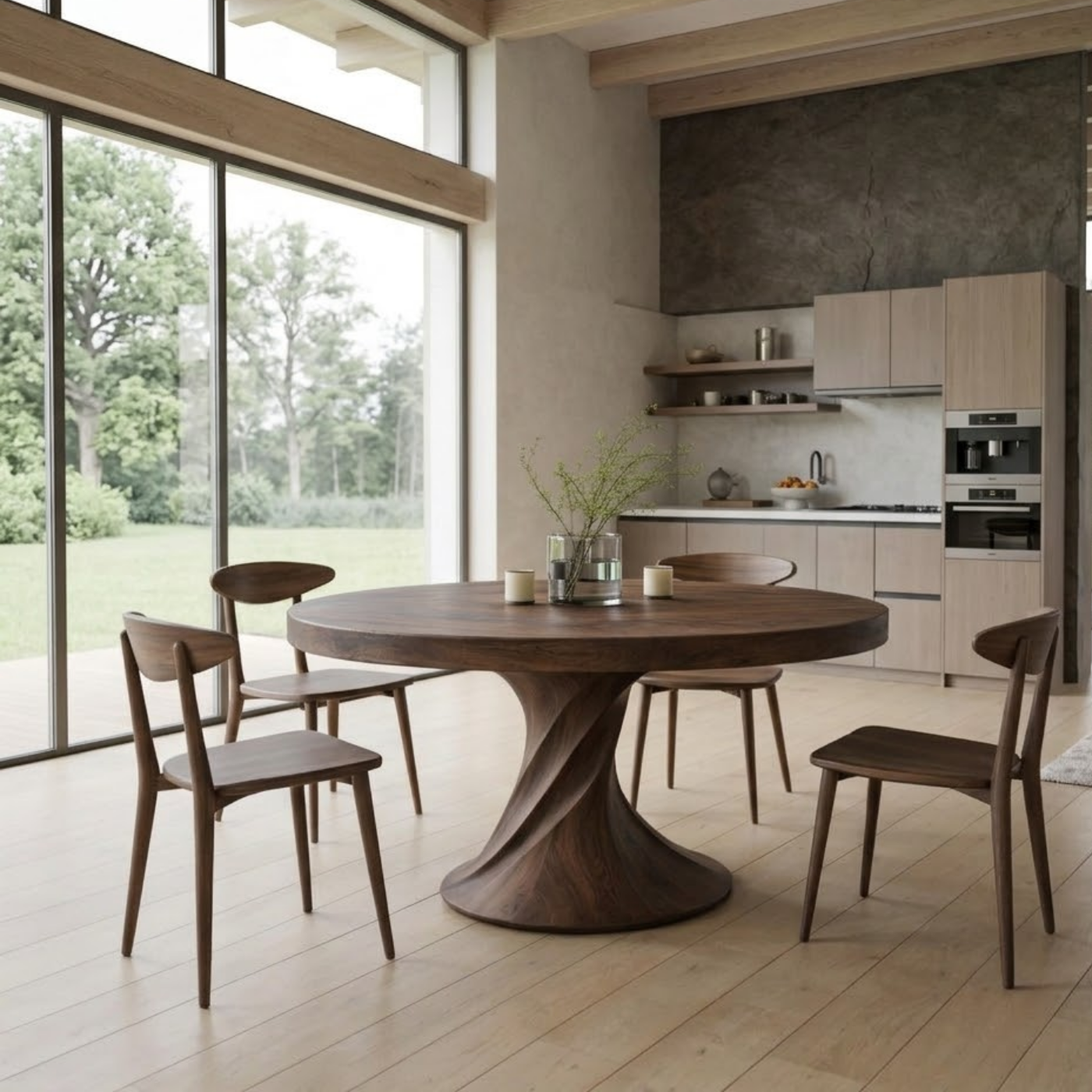Solid Wood Round Dining Table with Sculptural Pedestal Base – Modern Rustic Dining Table