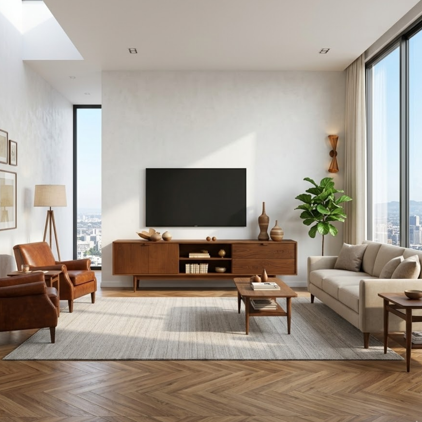 Mid-Century Solid Wood TV Stand with Cabinets and Open Shelf – Modern Media Console