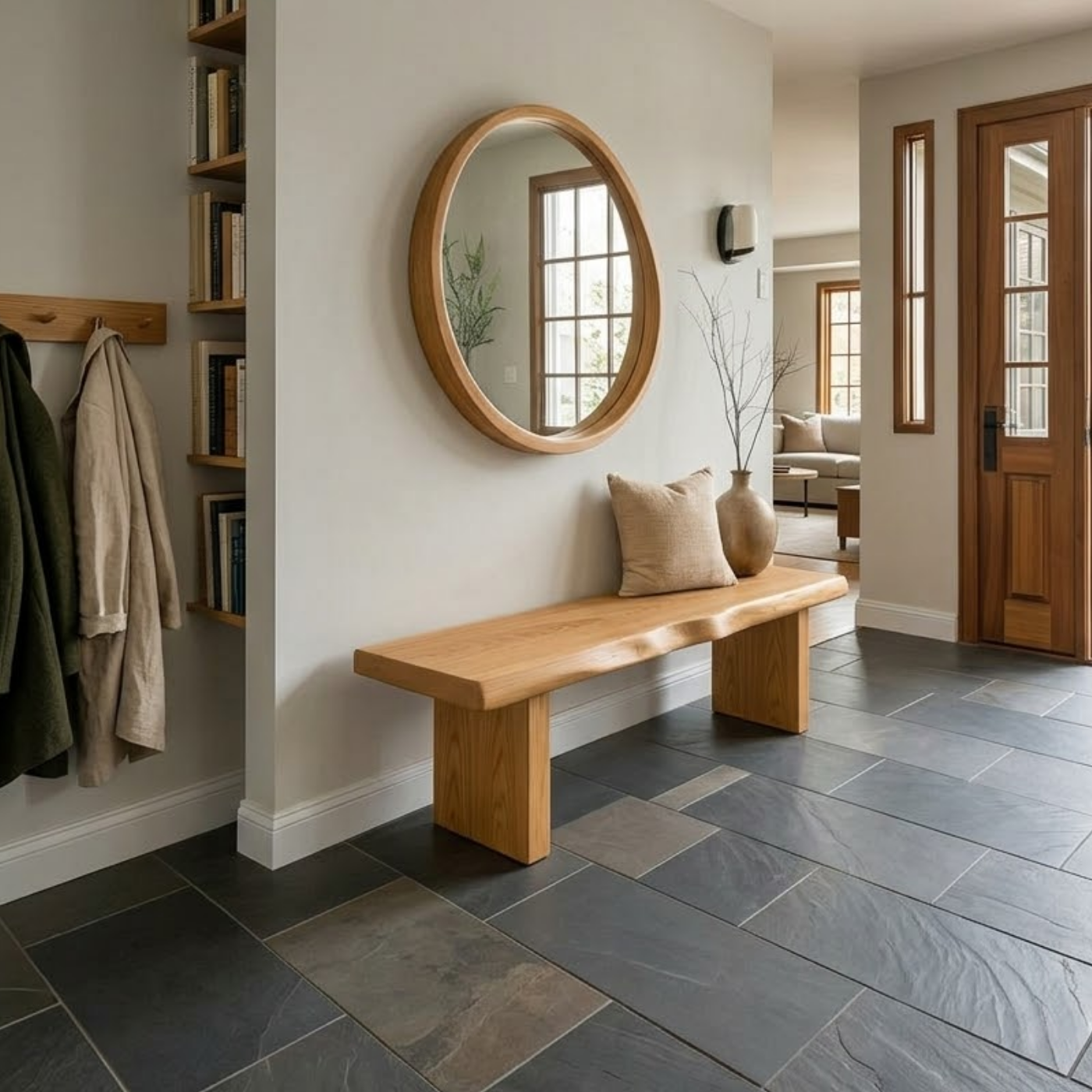 Solid Wood Entryway Bench with Live Edge Seat – Rustic Modern Hallway Bench