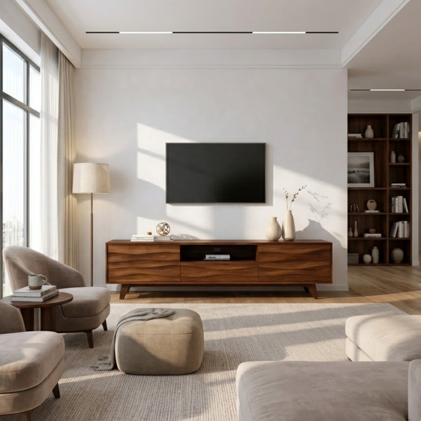 Solid Wood TV Stand with Wave Pattern Doors – Modern Rustic Media Console