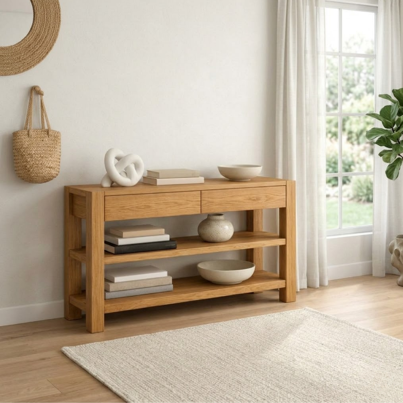 Solid Wood Console Table with Drawers and Shelves – Modern Oak Entryway Storage Table