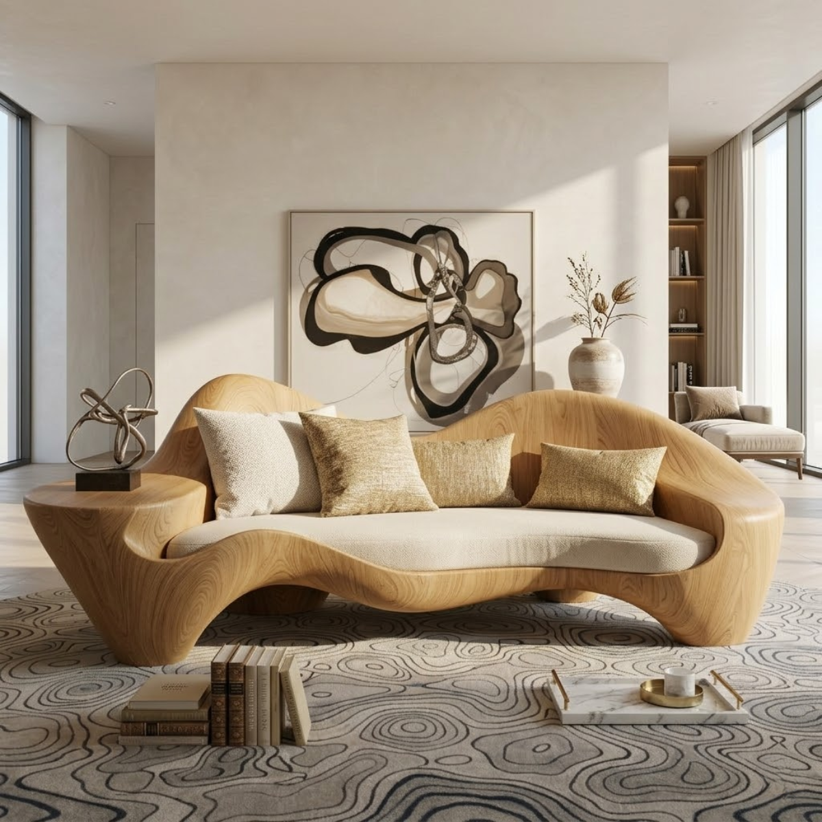 Modern Sculptural Curved Sofa with Side Table, Statement Living Room Furniture