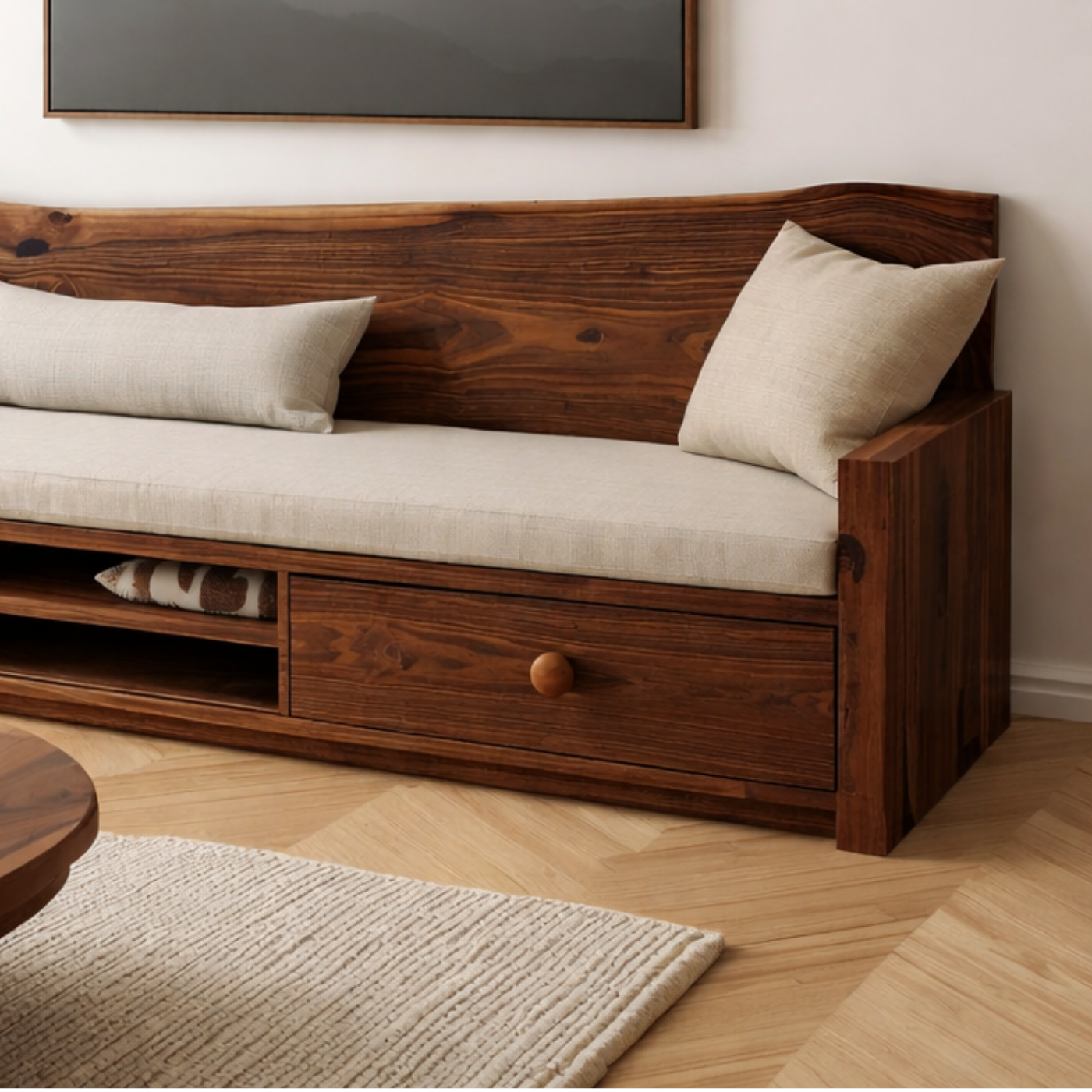 Solid Wood Storage Sofa – Rustic Wooden Bench Sofa with Drawer Shelf