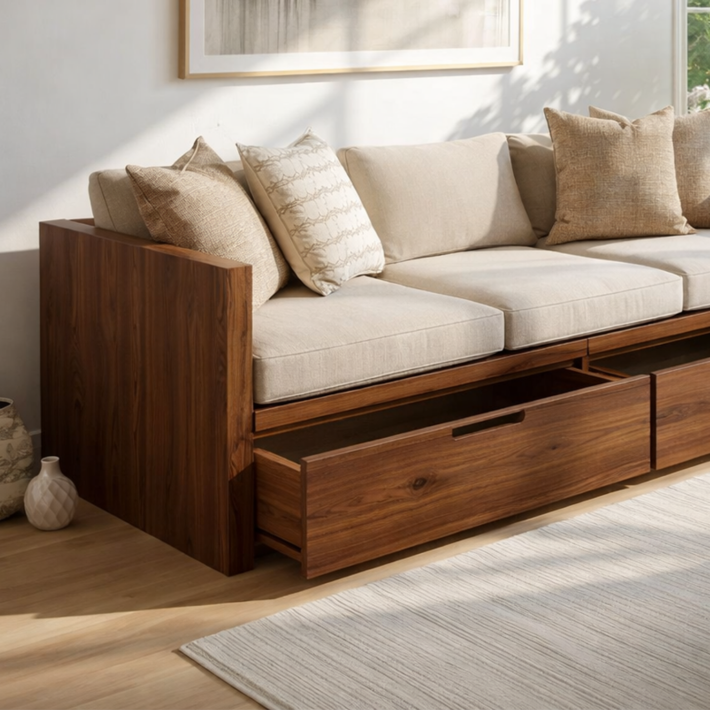 Solid Wood Storage Sofa – Walnut Wooden Sofa with Large Drawers