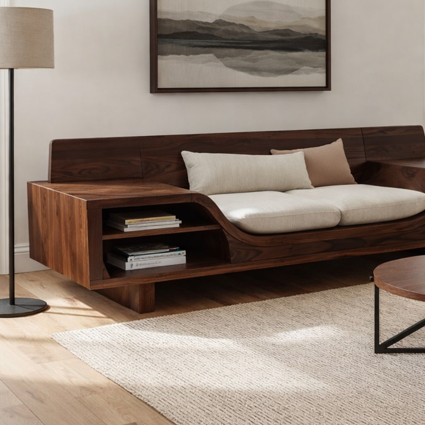 Walnut Solid Wood Sofa with Shelves – Modern Sculptural Wooden Sofa