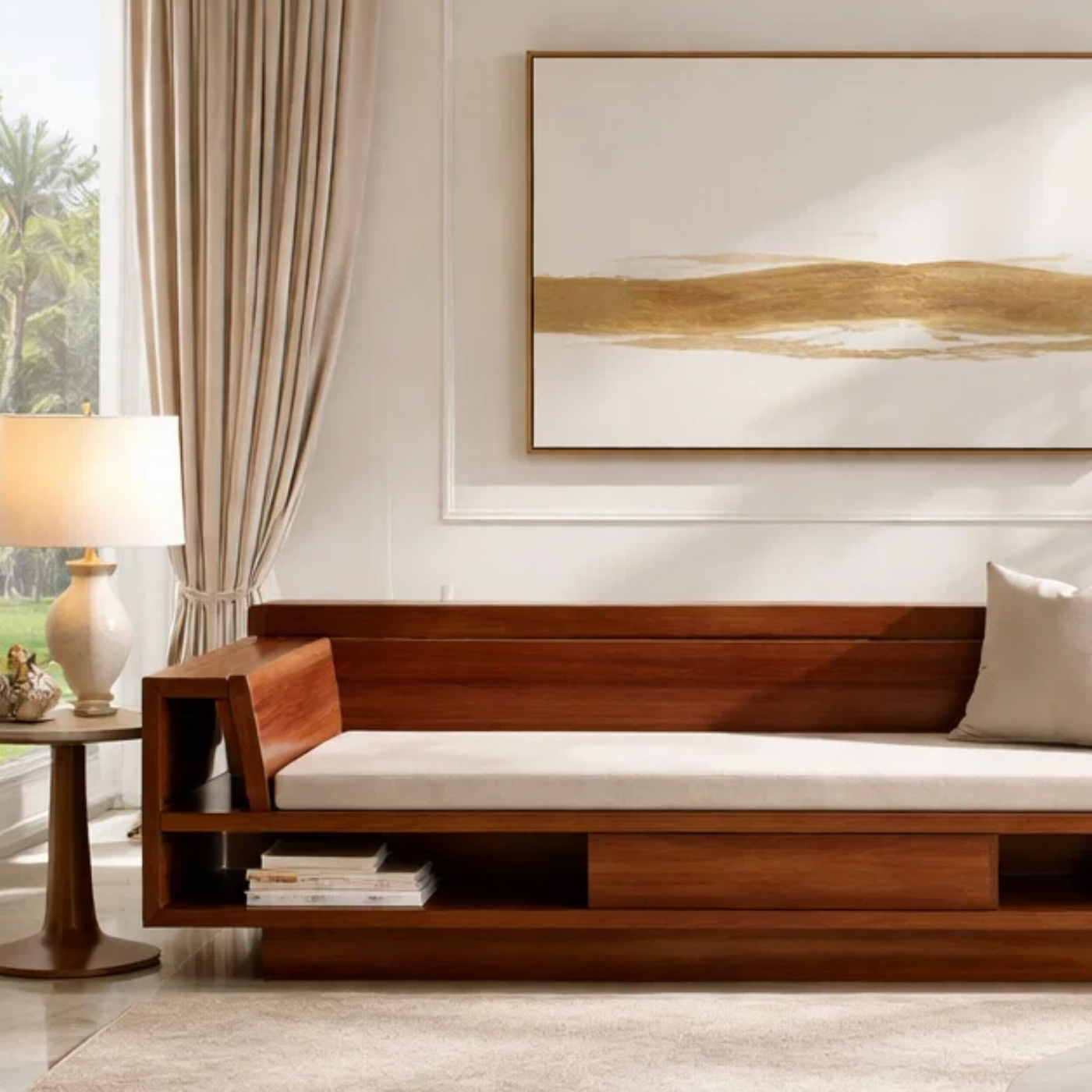 Solid Wood Storage Sofa – Modern Wooden Sofa with Shelf and Drawer