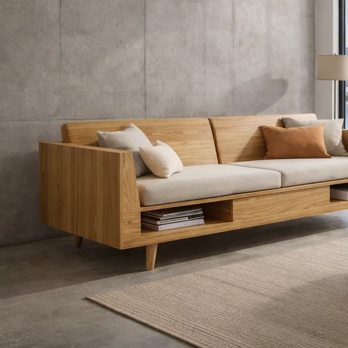 Solid Wood Storage Sofa – Modern Oak Wooden Sofa with Open Shelf
