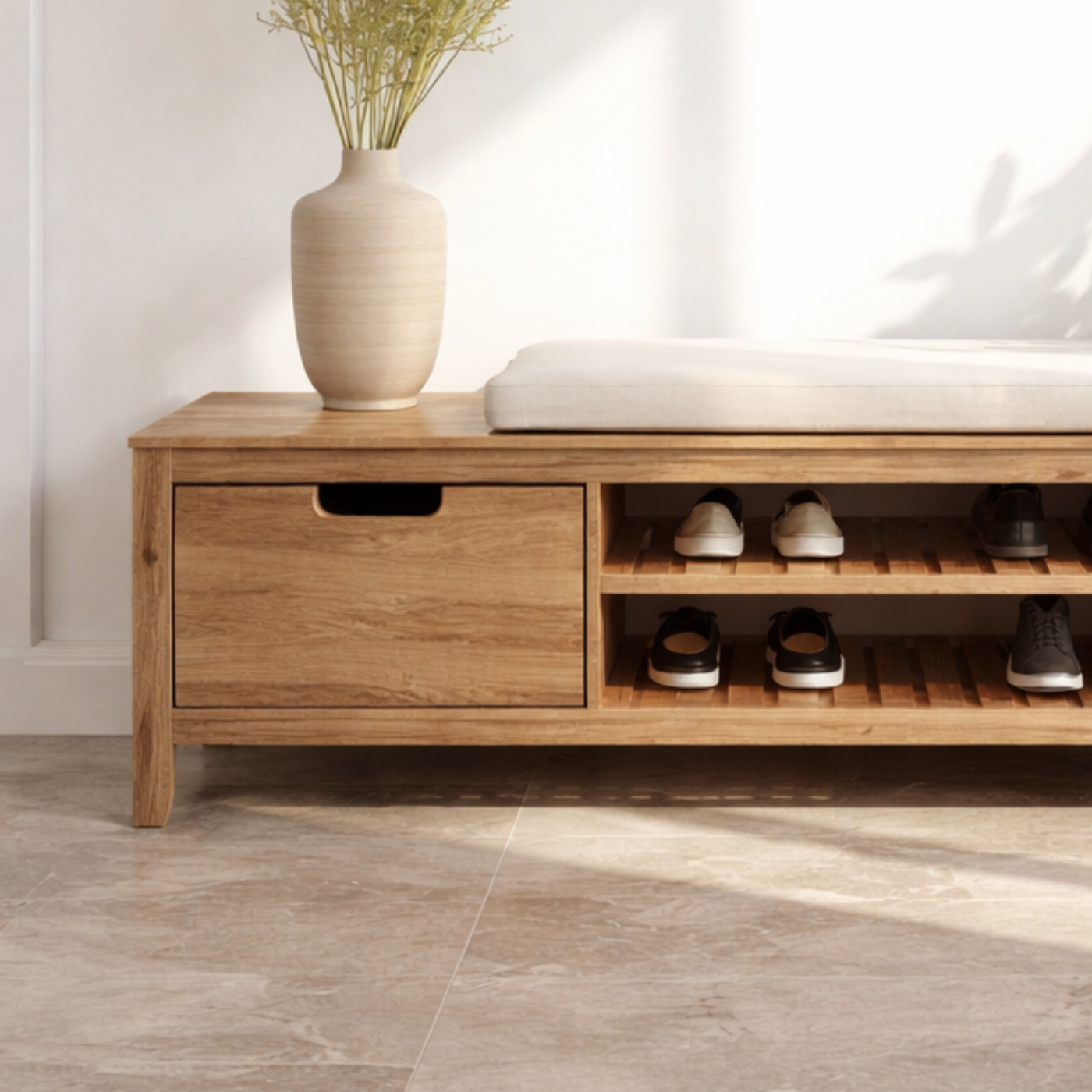Solid Wood Shoe Storage Bench – Entryway Wooden Bench with Shoe Rack and Drawer