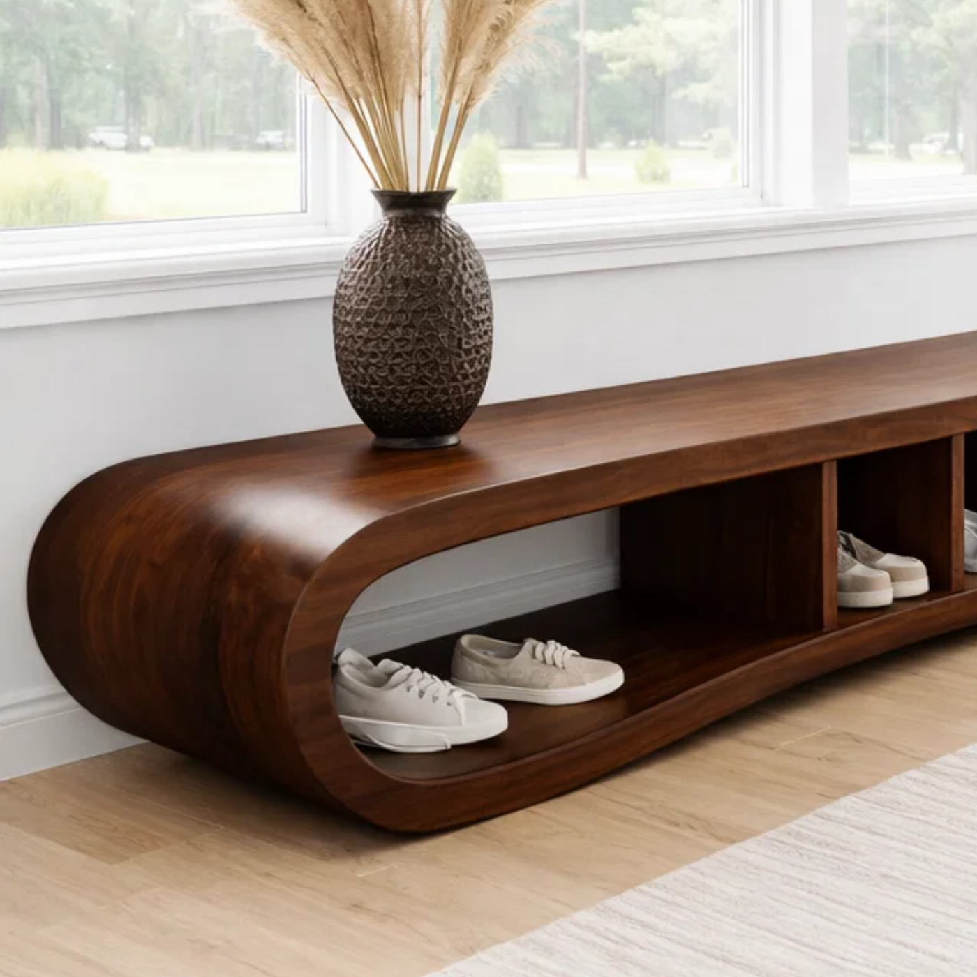 Solid Wood Shoe Storage Bench – Curved Wooden Entryway Bench with Open Cubby Shelf