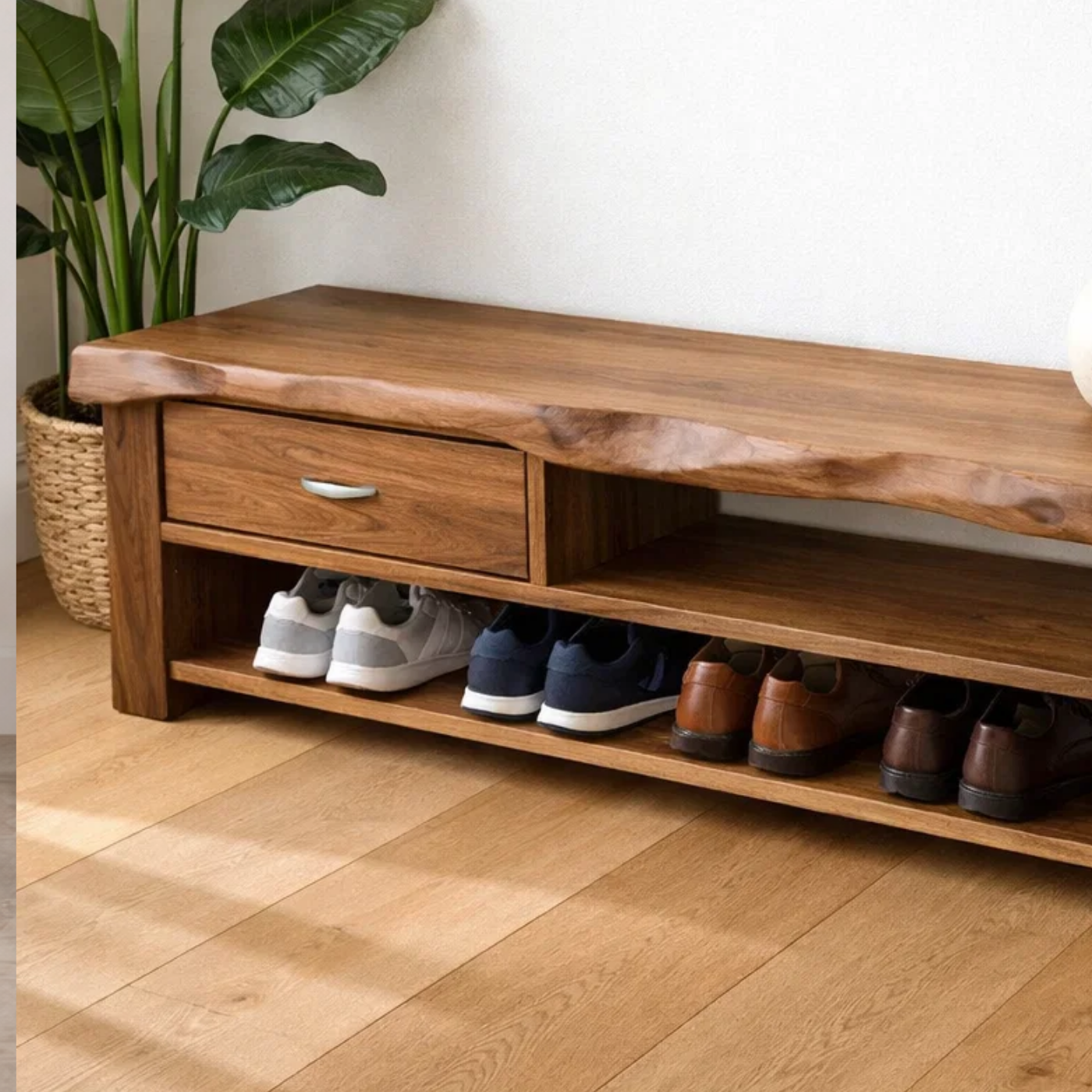 Solid Wood Shoe Storage Bench – Live Edge Entryway Bench with Drawer and Shelf