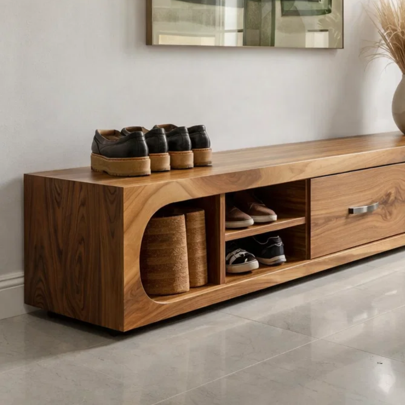 Solid Wood Shoe Storage Bench – Modern Entryway Bench with Drawers and Open Shelf
