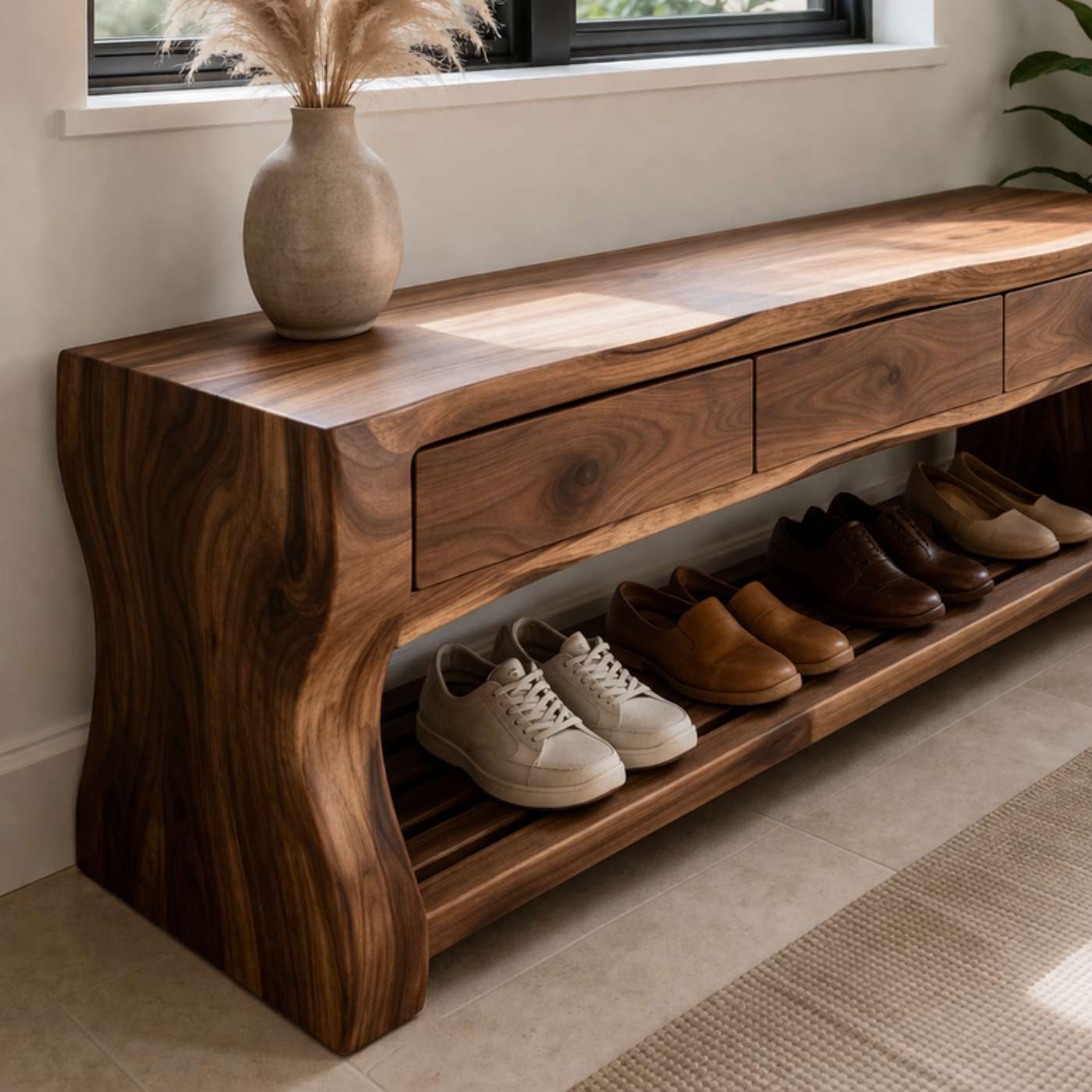 Solid Wood Shoe Bench with Drawers – Modern Walnut Entryway Storage Bench