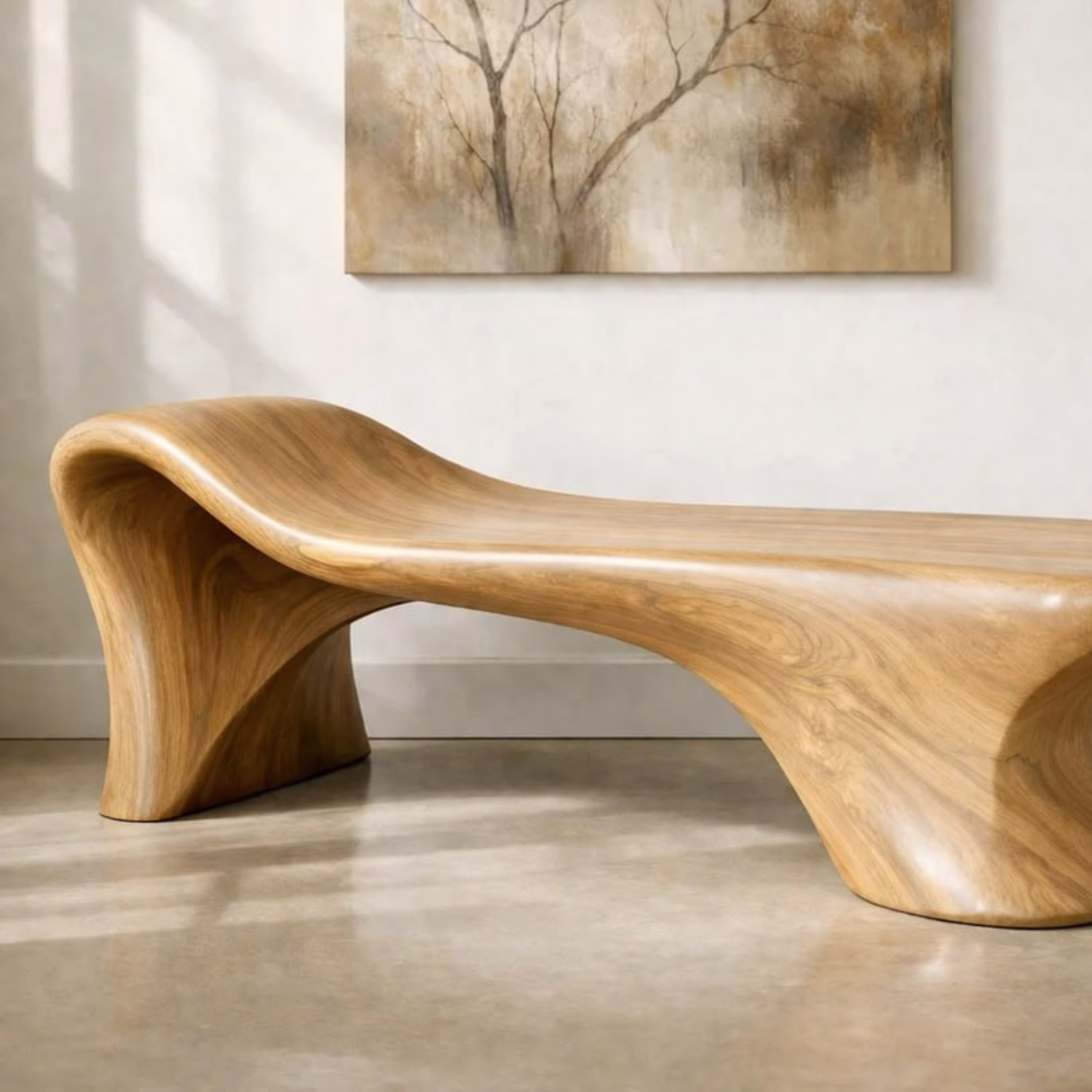 Sculptural Wooden Bench, Modern Curved Entryway Seat, Artistic Statement Accent Furniture Piece
