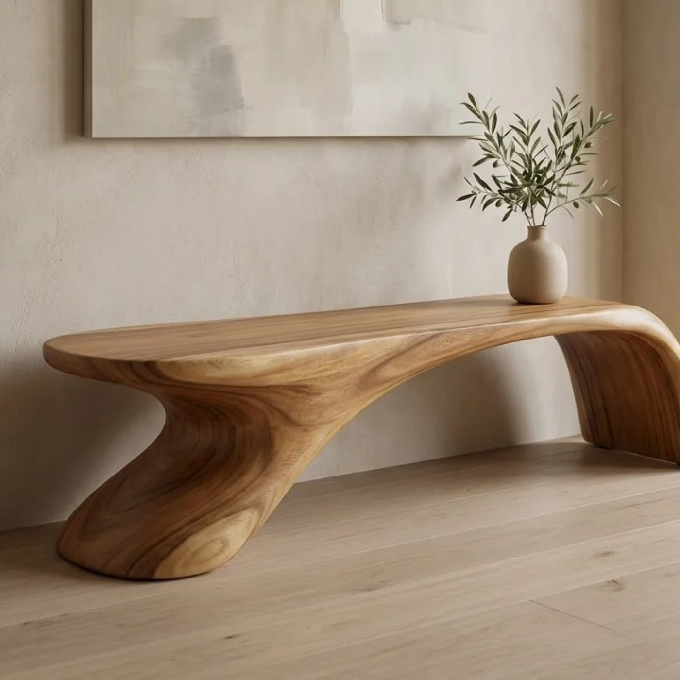 Sculptural Wooden Bench, Modern Curved Accent Seat, Minimalist Entryway Statement Furniture Piece
