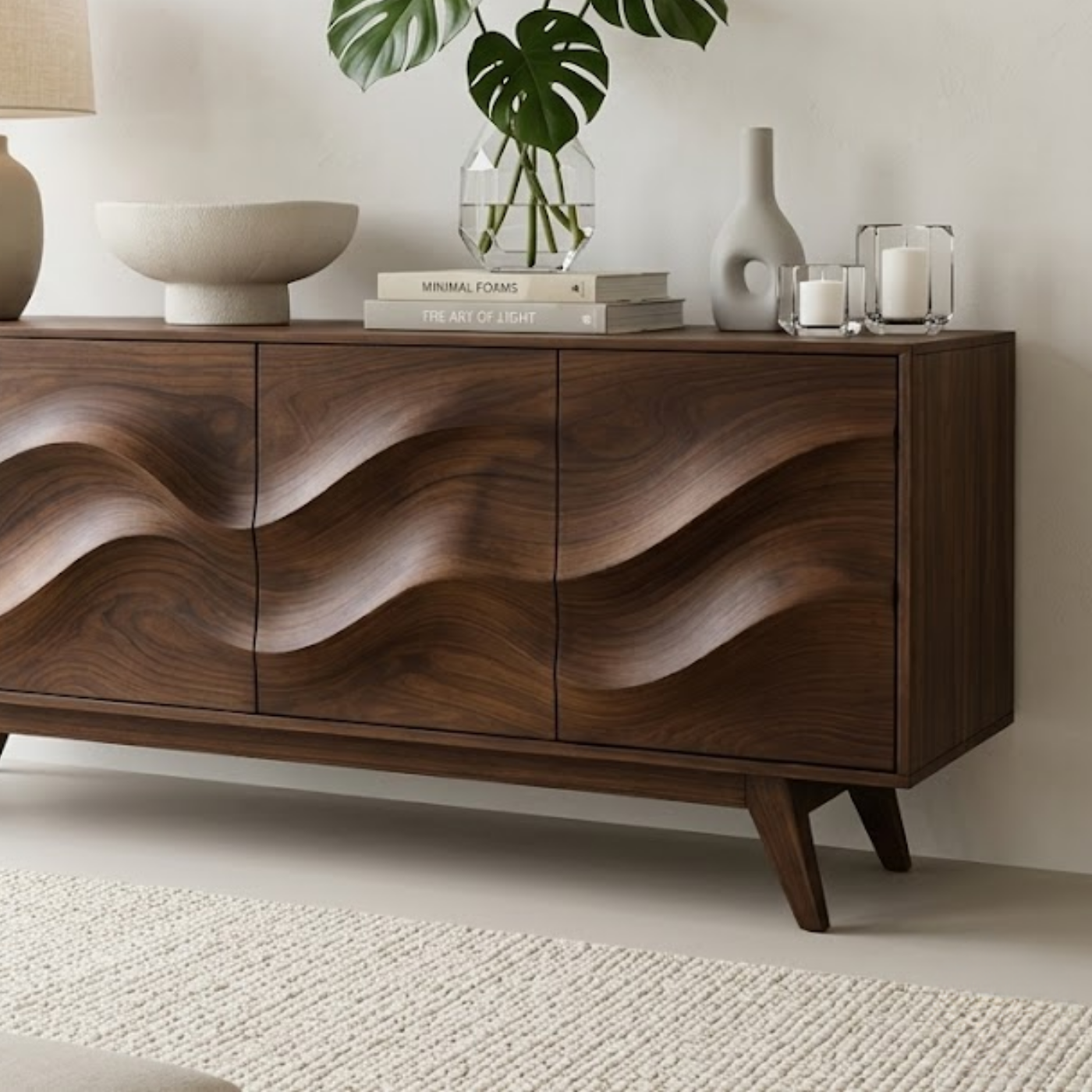 Solid Wood Console Table with Sculptural Wave Front for Modern Entryway