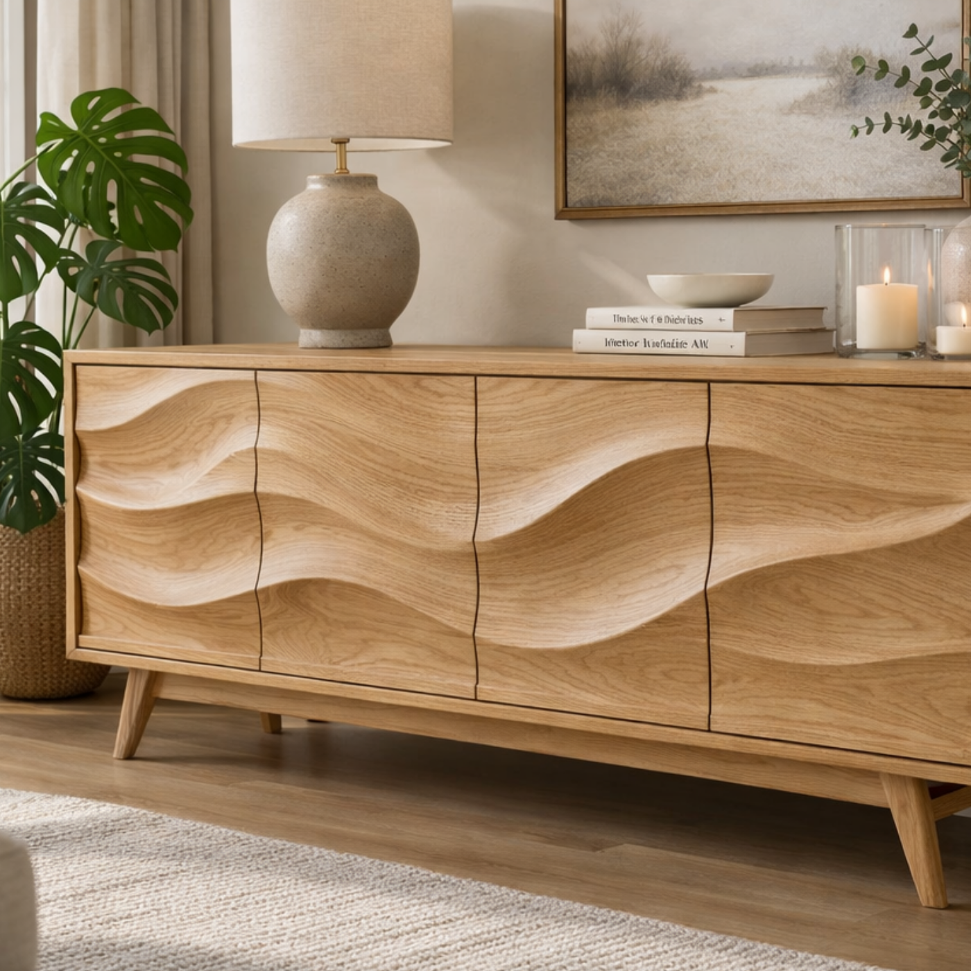 Solid Wood Console Table with Sculptural Wave Front for Modern Living Space