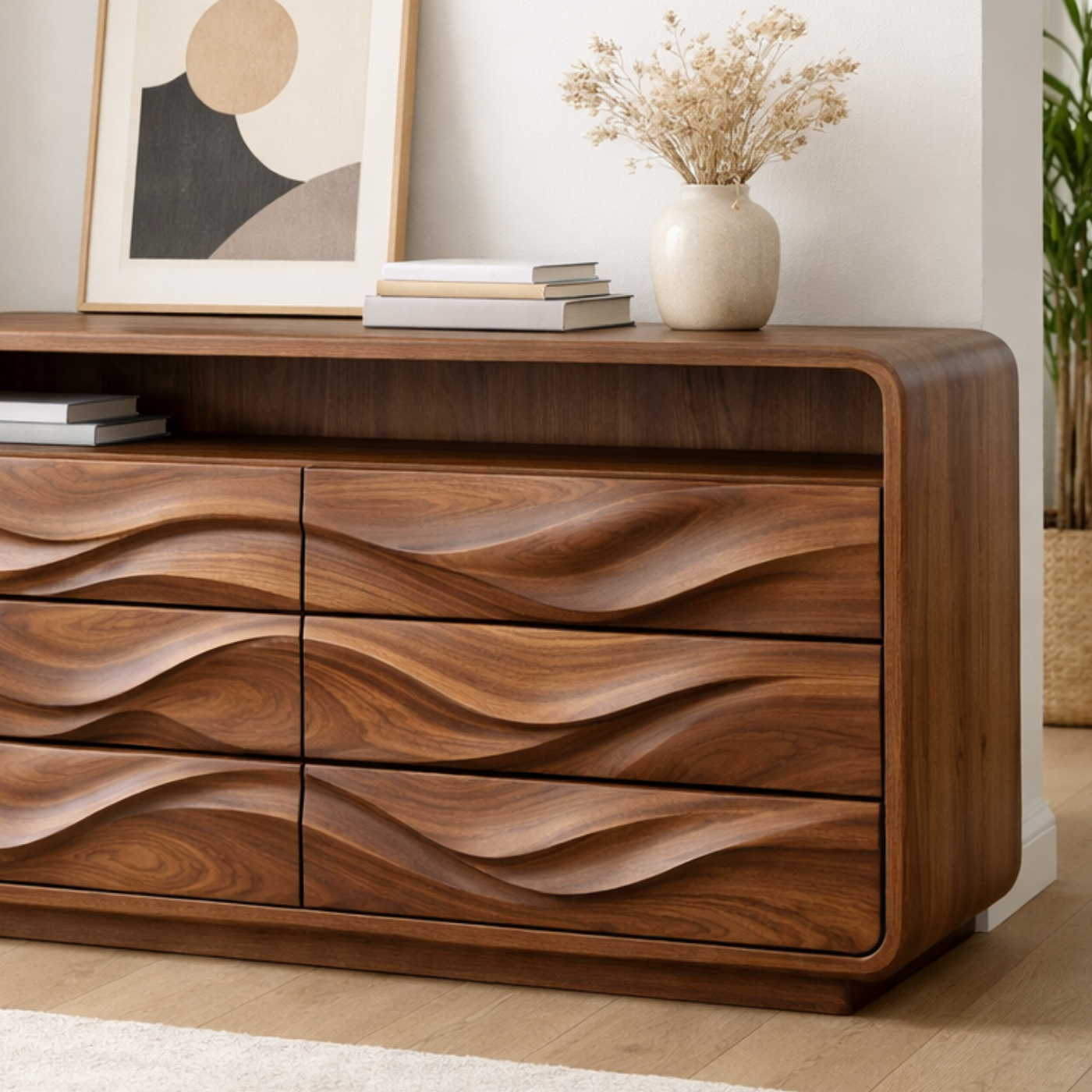 Solid Wood Console Table with Drawer Storage and Sculptural Wave Front Design