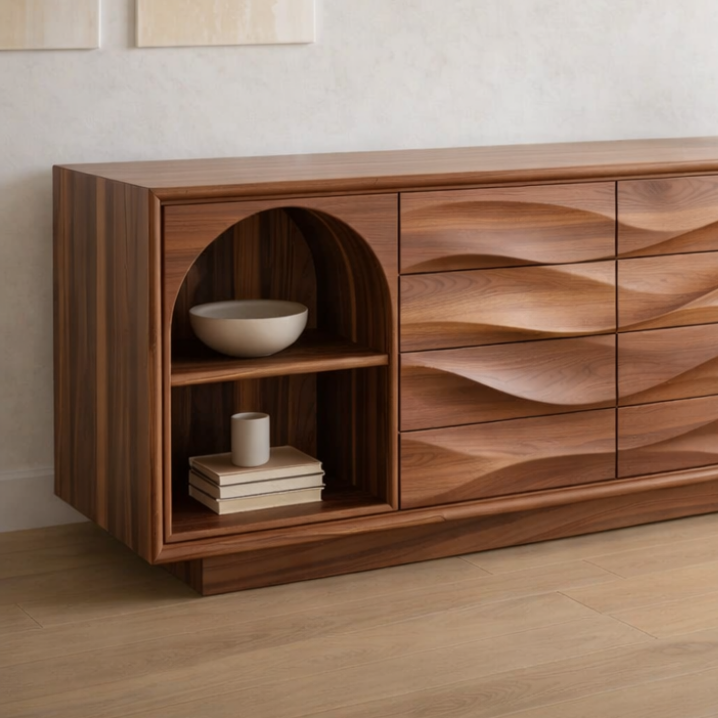 Solid Wood Console Table with Wave Drawer Front and Arched Shelf Storage for Modern Home