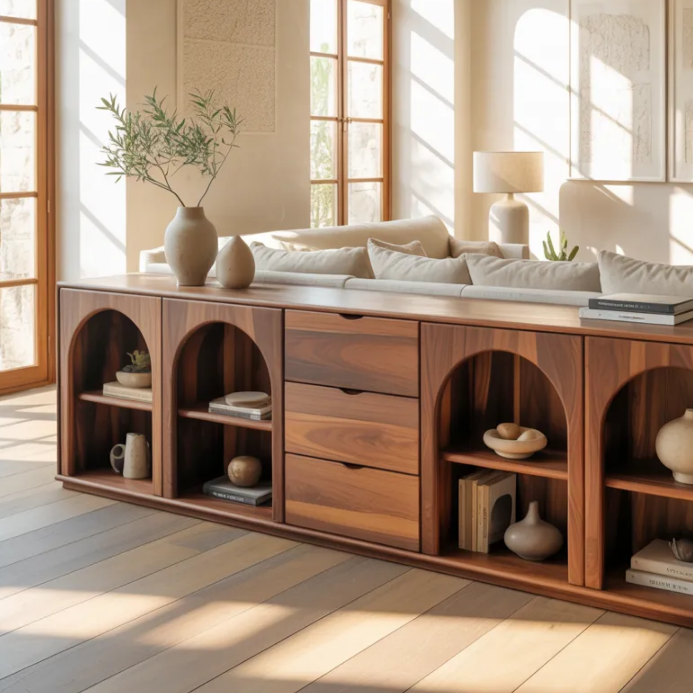 Solid Wood Console Table with Arched Shelves and Center Drawer Storage for Living Room