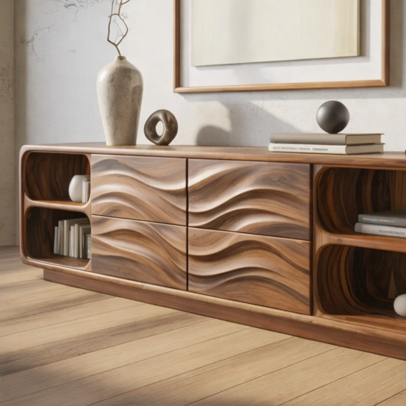 Solid Wood Console Table with Wave Carved Drawers and Open Shelf Design