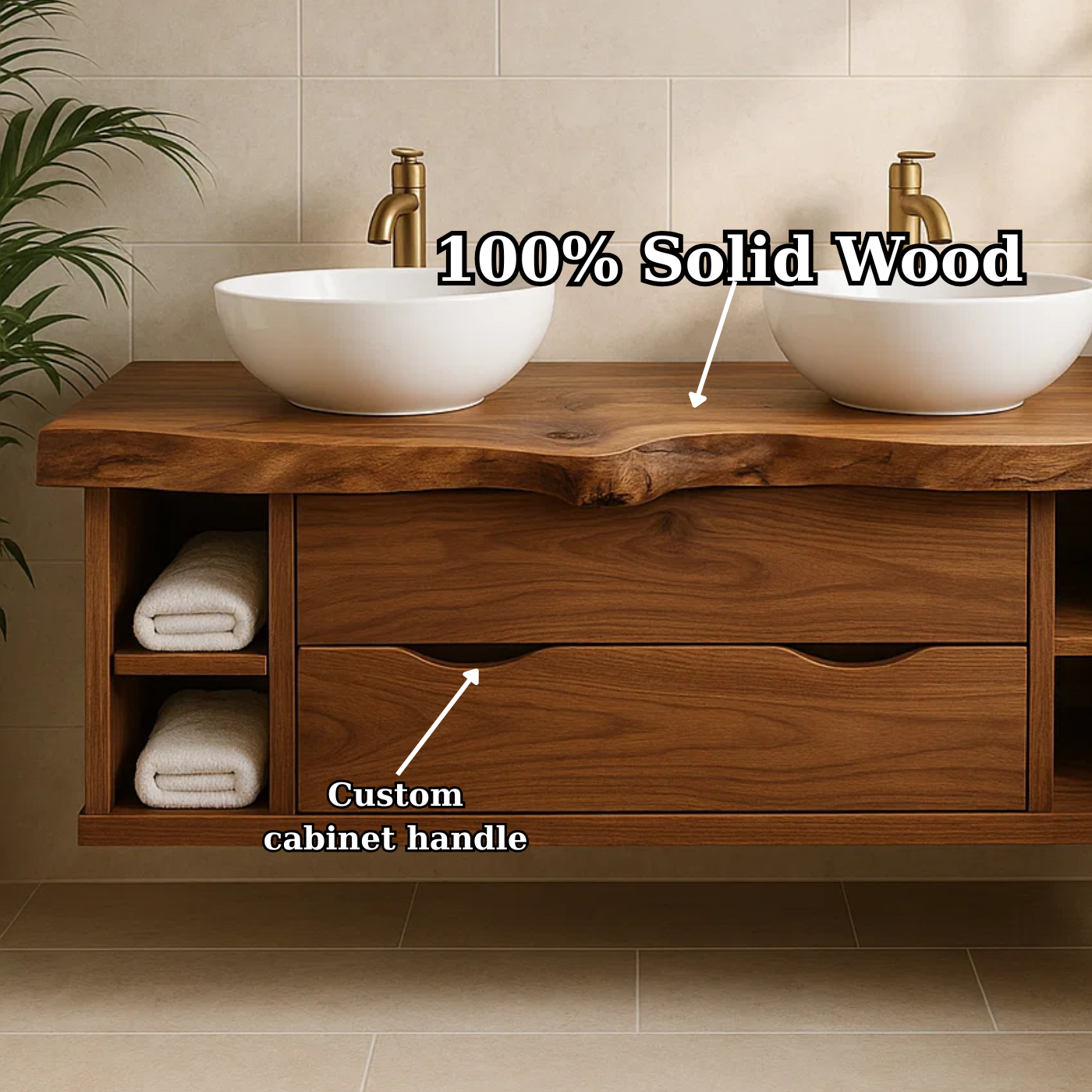 Rustic Double Sink Solid Wood Floating Bathroom Vanity with Live Edge Countertop