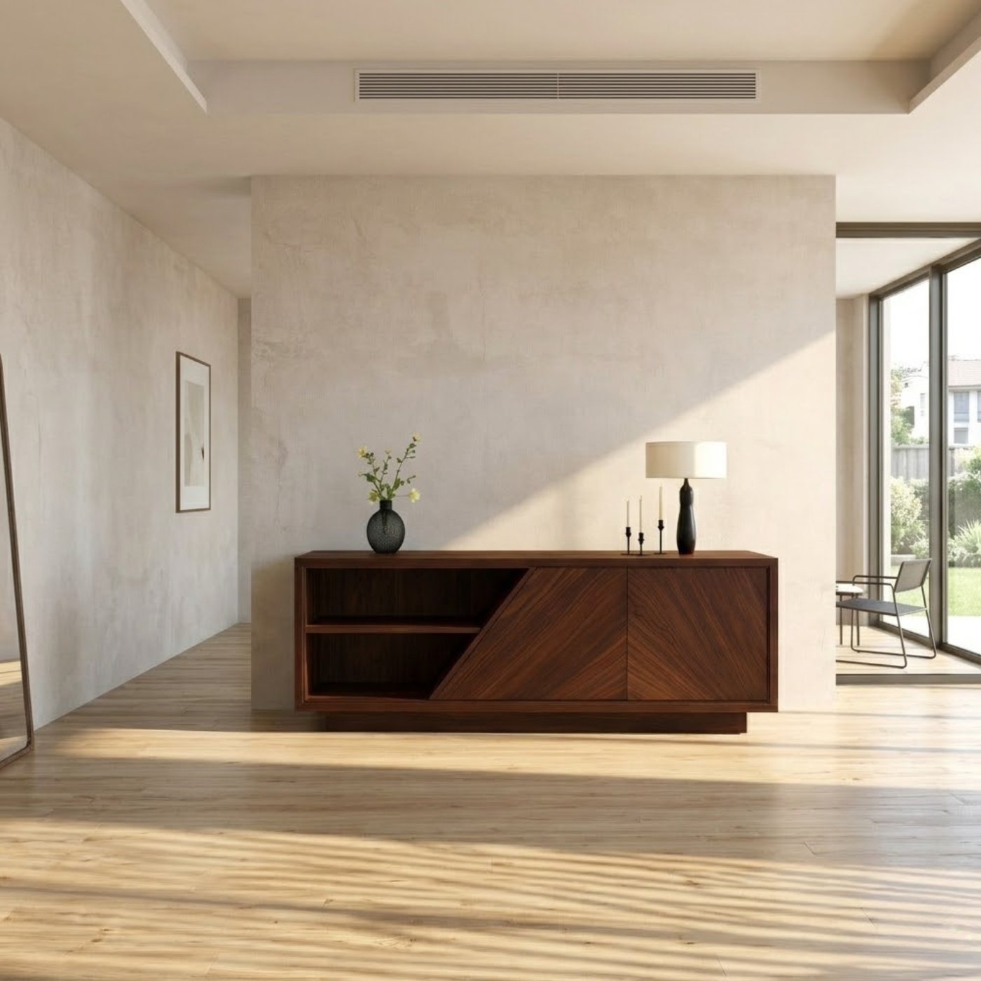 Modern Solid Wood Console Table with Geometric Design and Open Shelf Storage