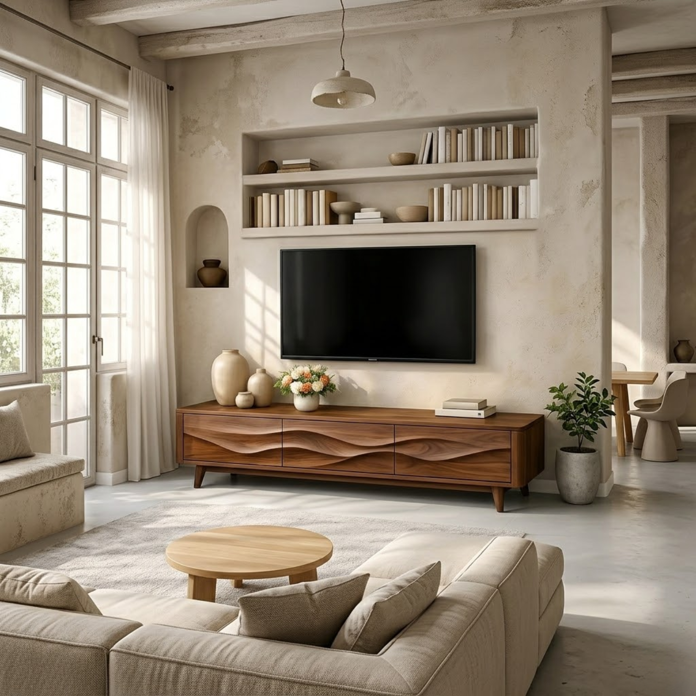 Solid Wood Wave Front TV Stand with Drawers for Modern Living Room