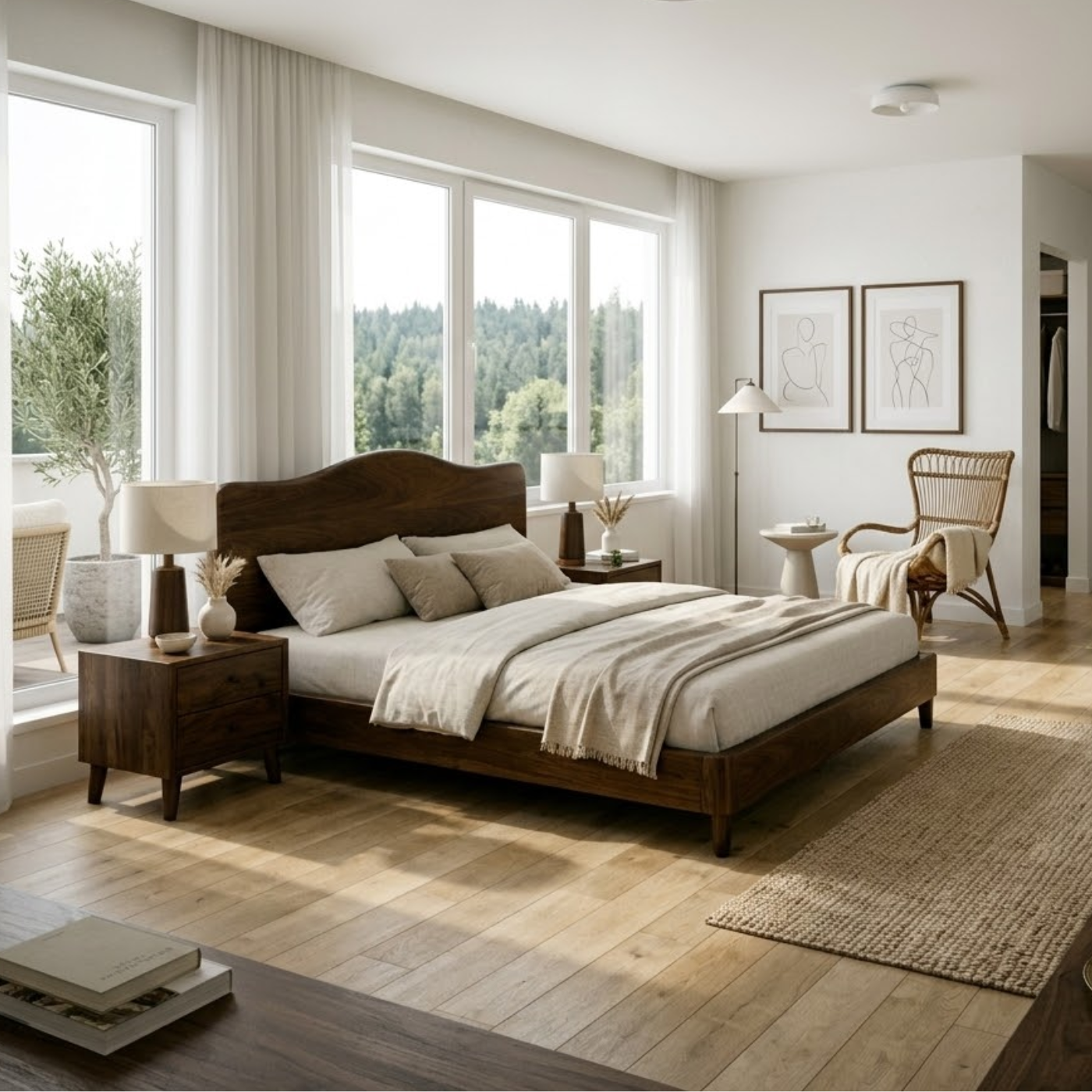 Solid Wood Bed Frame with Curved Headboard and Tapered Legs for Modern Bedroom