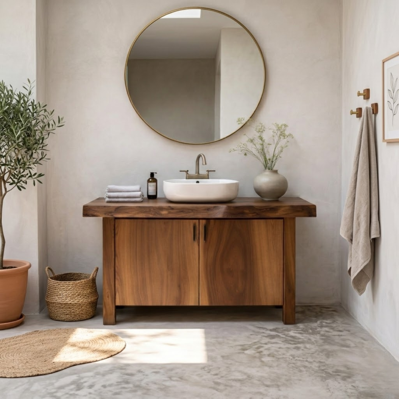 Solid Wood Bathroom Vanity with Slab Doors – Modern Organic Freestanding Single Sink Cabinet