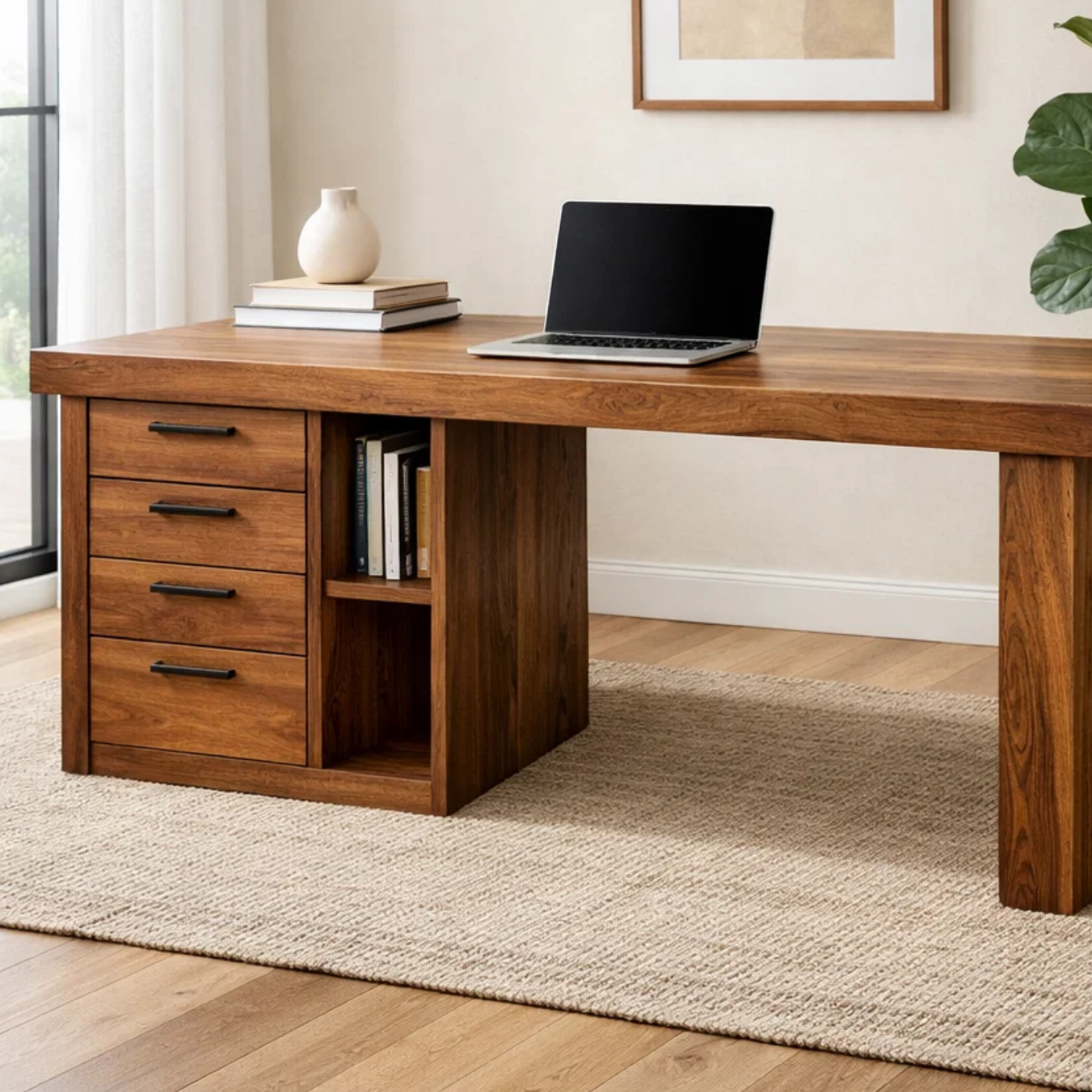 Handcrafted Solid Wood Office Desk with Storage Drawers and Open Shelf