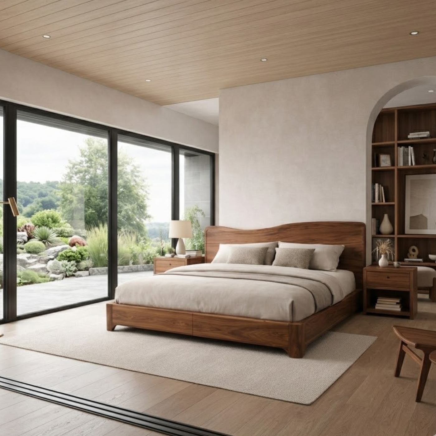 Solid Wood Bed Frame with Curved Headboard and Modern Low-Profile Design