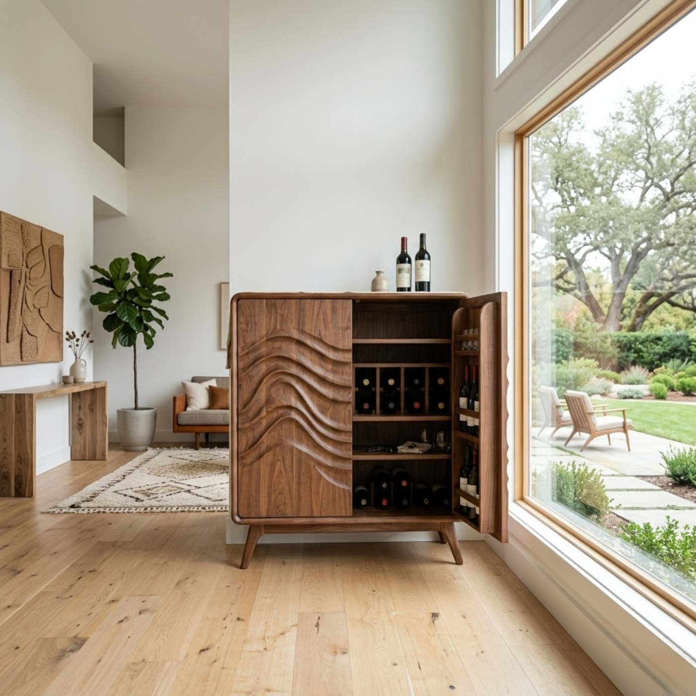 Handcrafted Solid Wood Wine Cabinet with Sculpted Wave Door and Storage Shelves