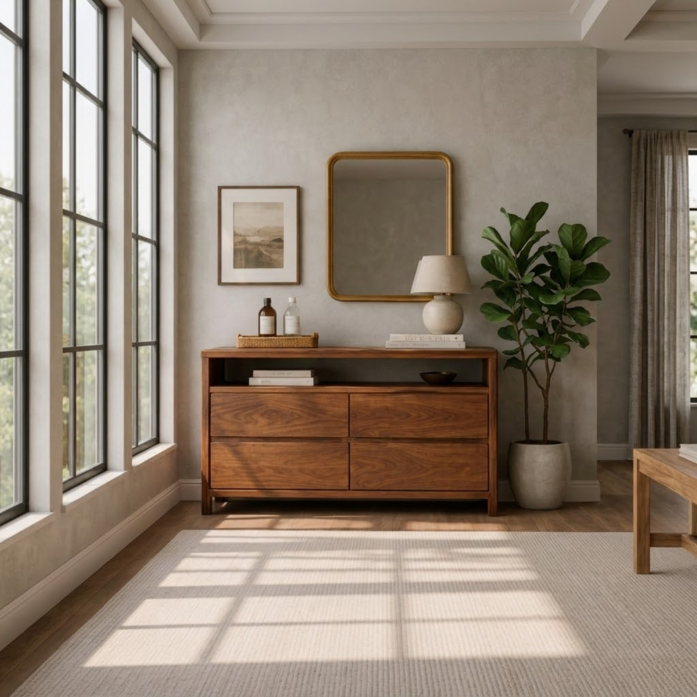 Solid Wood Console Table with Open Shelf and Drawer Storage for Modern Living Room