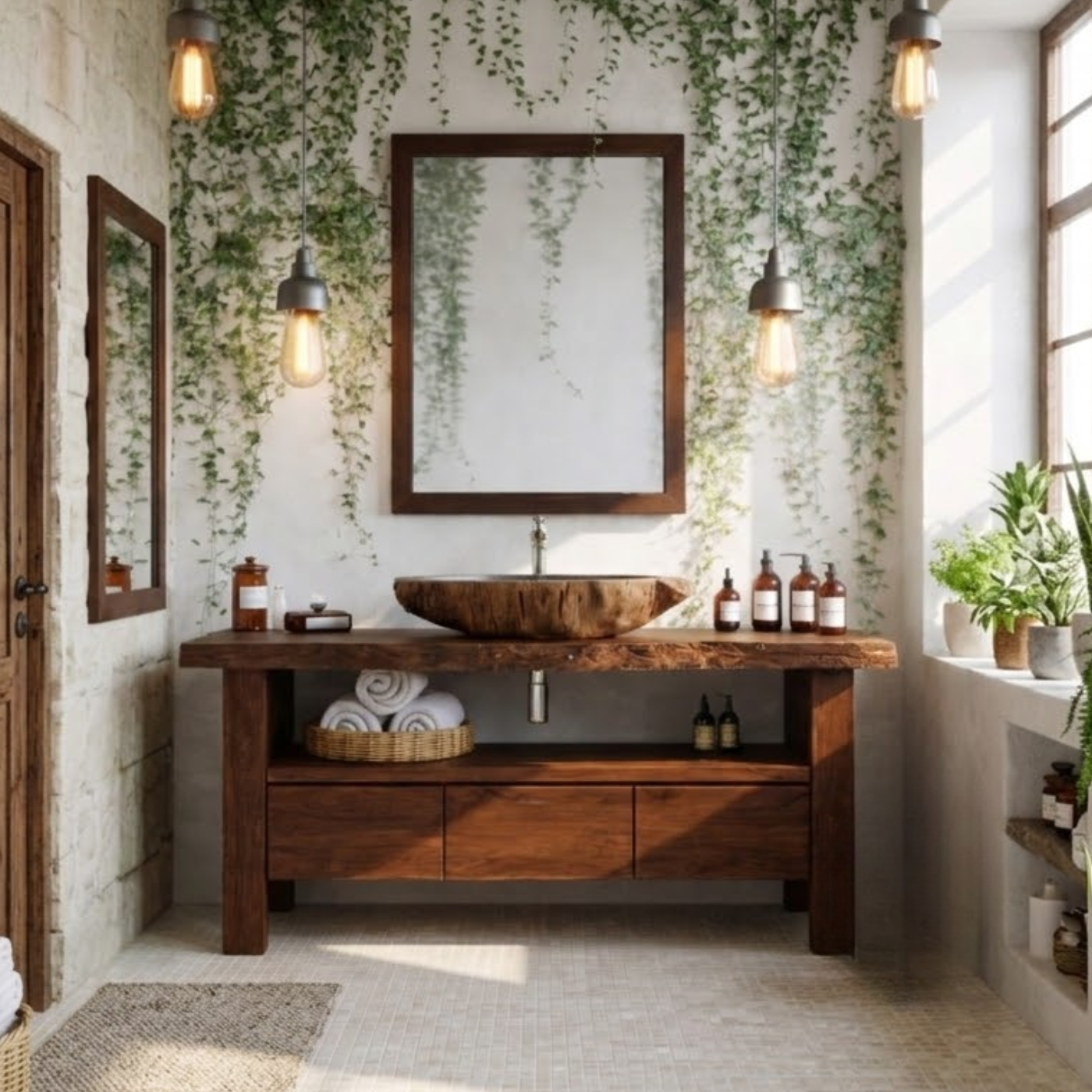 Live Edge Solid Wood Bathroom Vanity with Drawers and Open Shelf – Rustic Natural Wood Bathroom Vanity