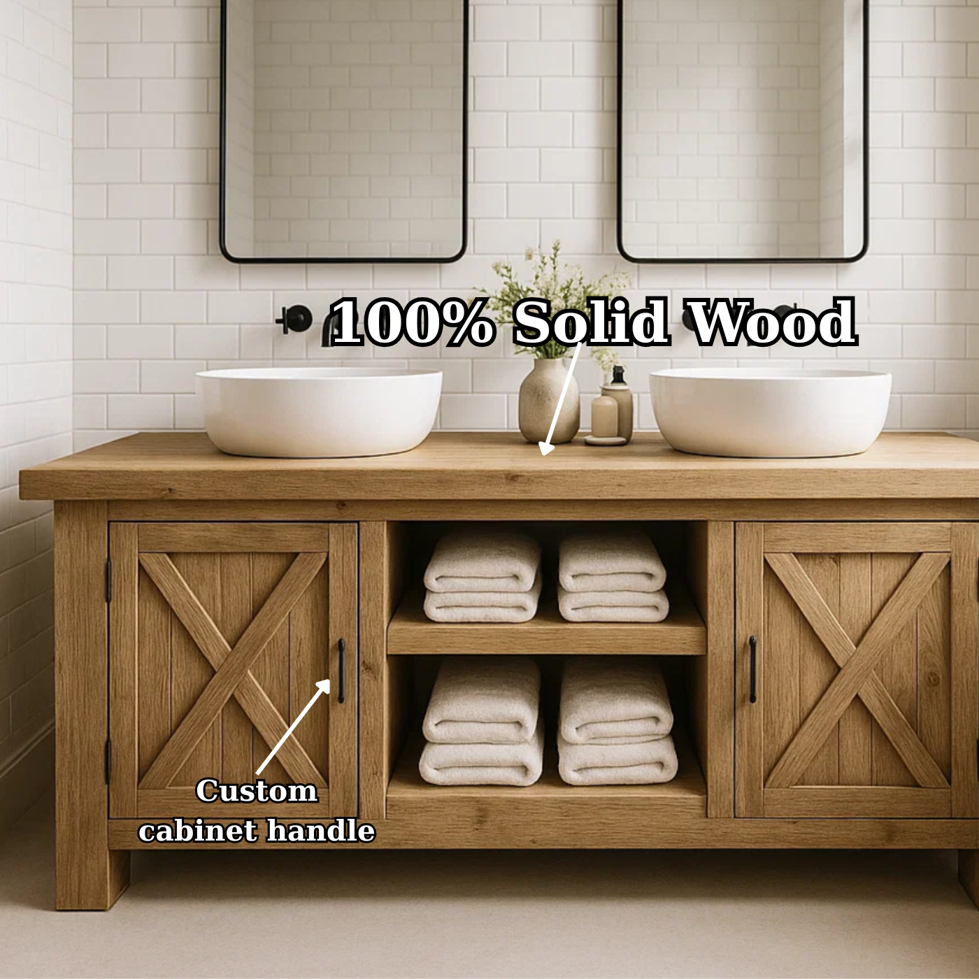 Solid Wood Double Bathroom Vanity Cabinet with Sliding Barn-Style Doors and Open Center Shelving
