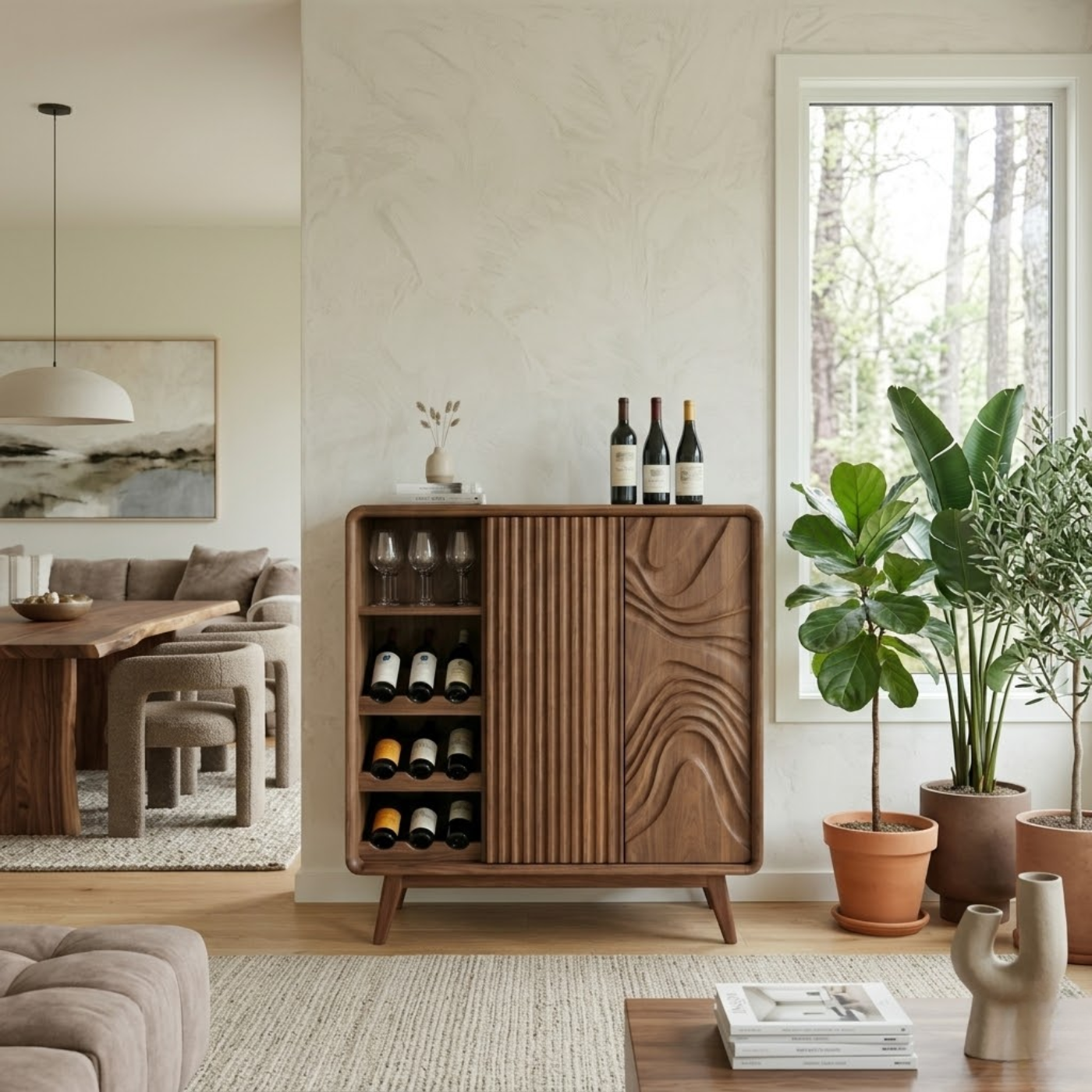 Solid Wood Wine Cabinet with Fluted Panel and Sculptural Door Design