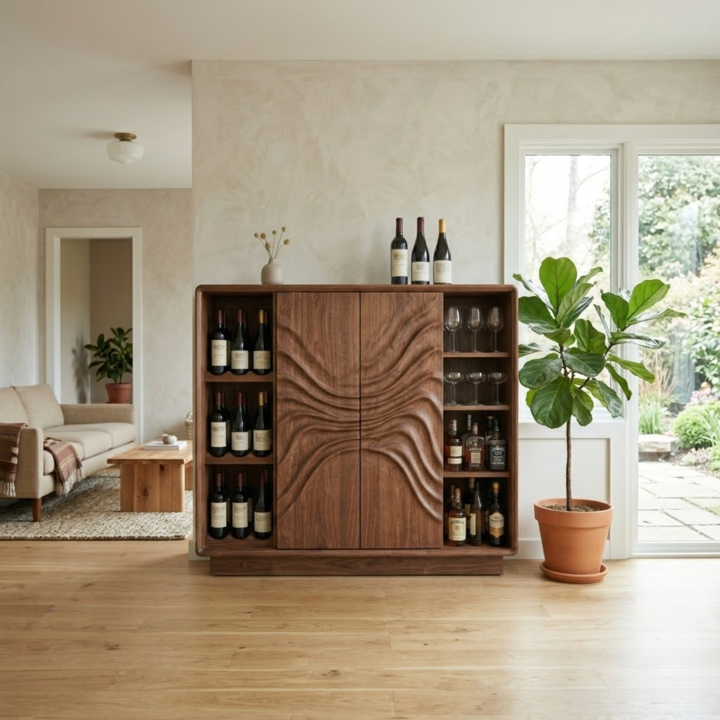 Solid Wood Wine Cabinet with Sculptural Wave Doors and Glass & Bottle Storage