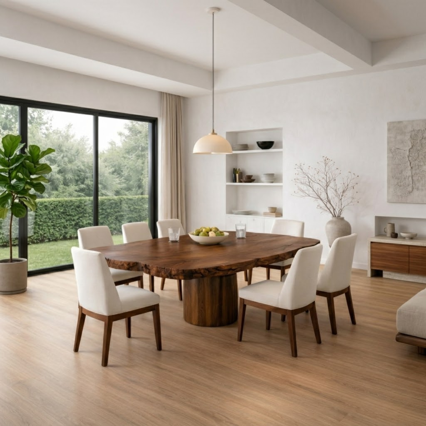 Handcrafted Solid Wood Round Dining Table with Live Edge Top and Pedestal Base