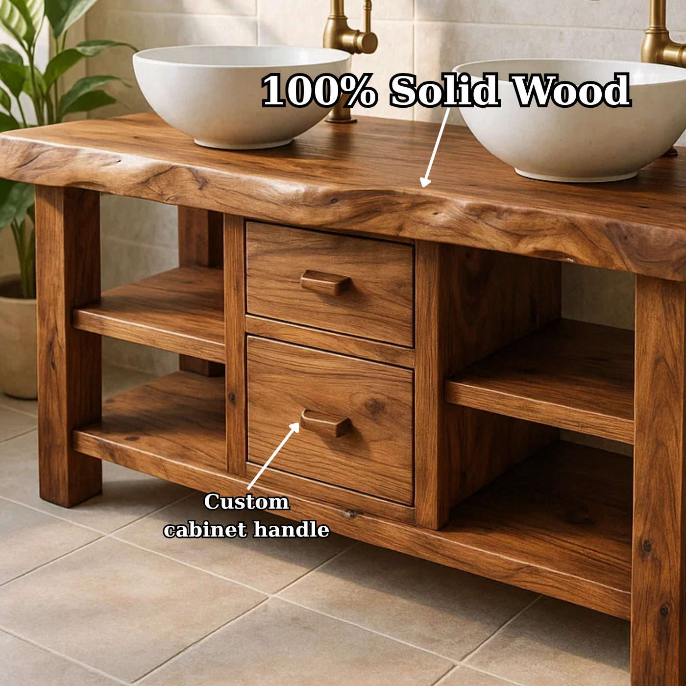 Solid Wood Double Bathroom Vanity with Open Shelving and Center Drawers