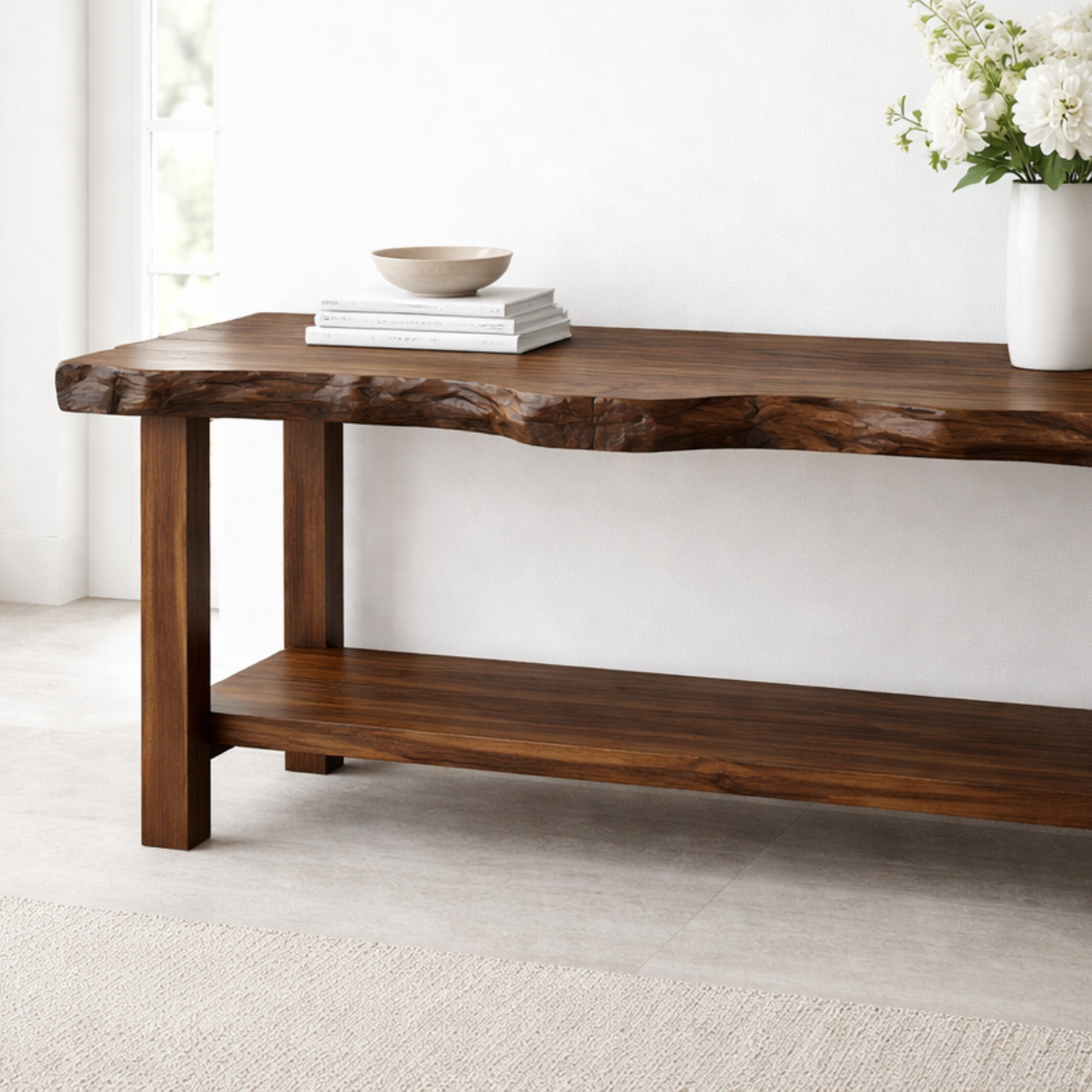 Solid Wood Console Table with Live Edge Top – Rustic Entryway & Sofa Table with Shelf