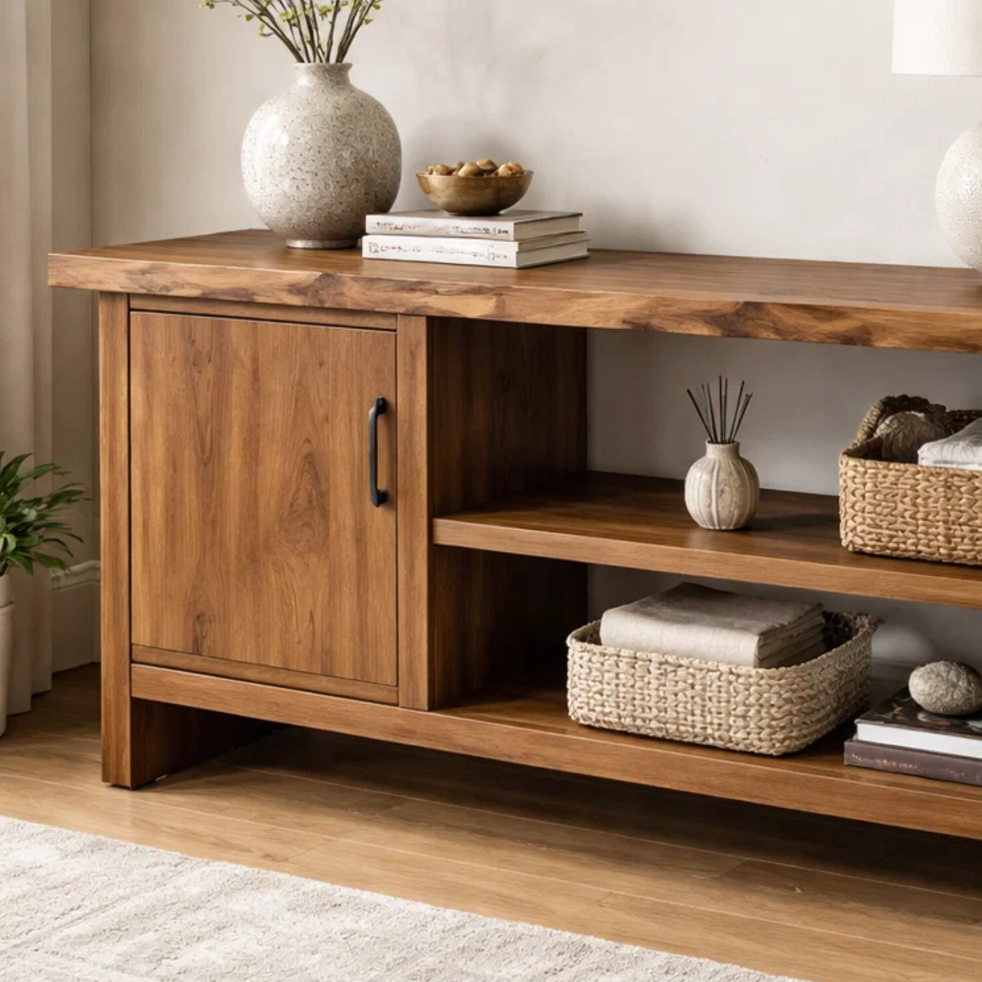 Solid Wood Console Table with Storage Shelf – Modern Entryway Cabinet with Door
