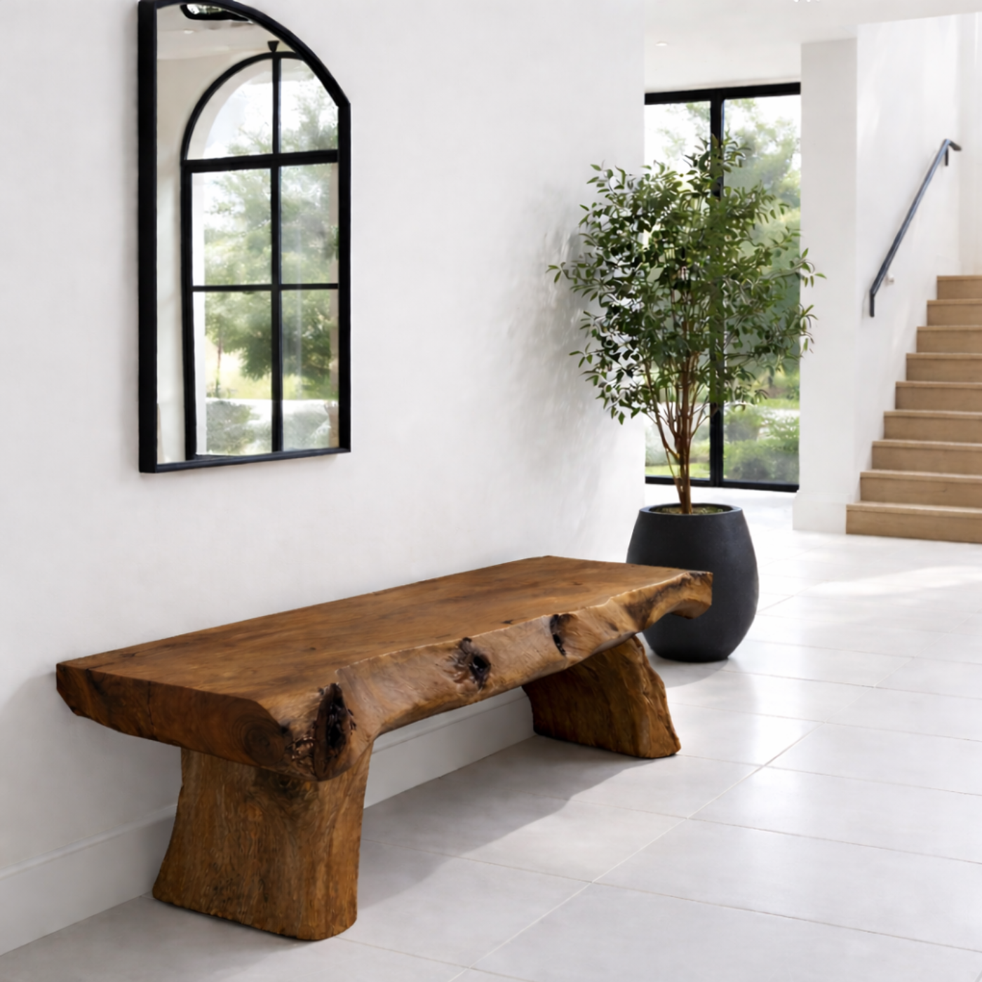 Solid Wood Live Edge Bench – Rustic Entryway Seating with Natural Tree Base