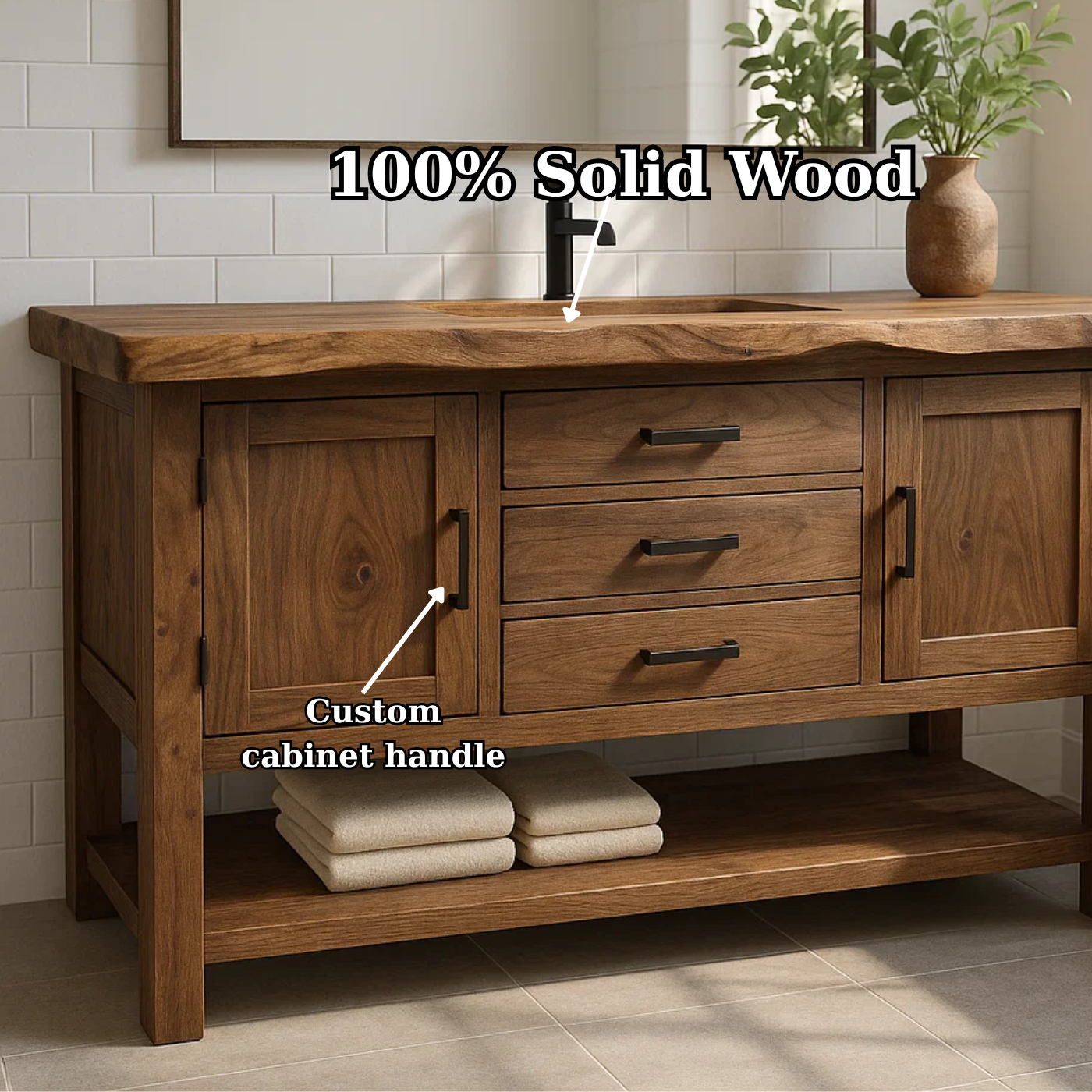 Solid Wood Bathroom Vanity with 3 Drawers, Double Door Cabinet, and Open Bottom Shelf