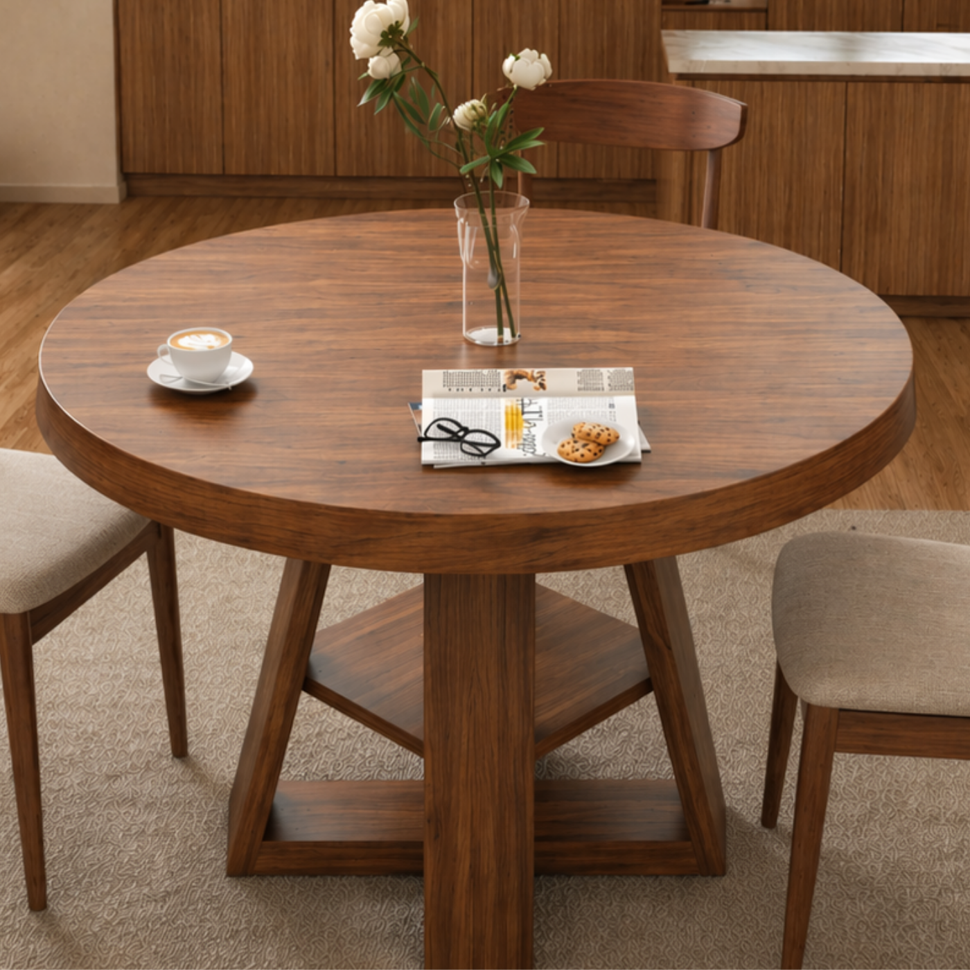 Round Solid Wood Dining Table – Pedestal Table for Modern Kitchen